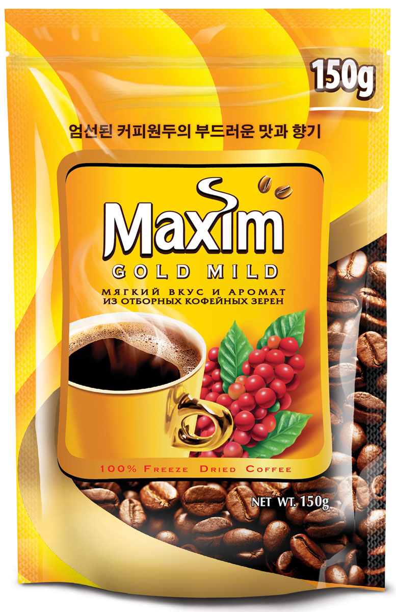 Maxim Gold Mild кофе натуральный растворимый сублимированный, 150 г4251193 Maxim Gold Mild кофе натуральный растворимый сублимированный, 150 г4251193Maxim – это сублимированный кофе высокого качества по доступной цене. Это бренд №2 в Сибири и на Дальнем Востоке. Ведет свою историю с 1971 года. Представлен двумя вкусами – Original и Mild. Maxim Gold Mild – это мягкий вкус с оттенками солода и тонкий аромат.