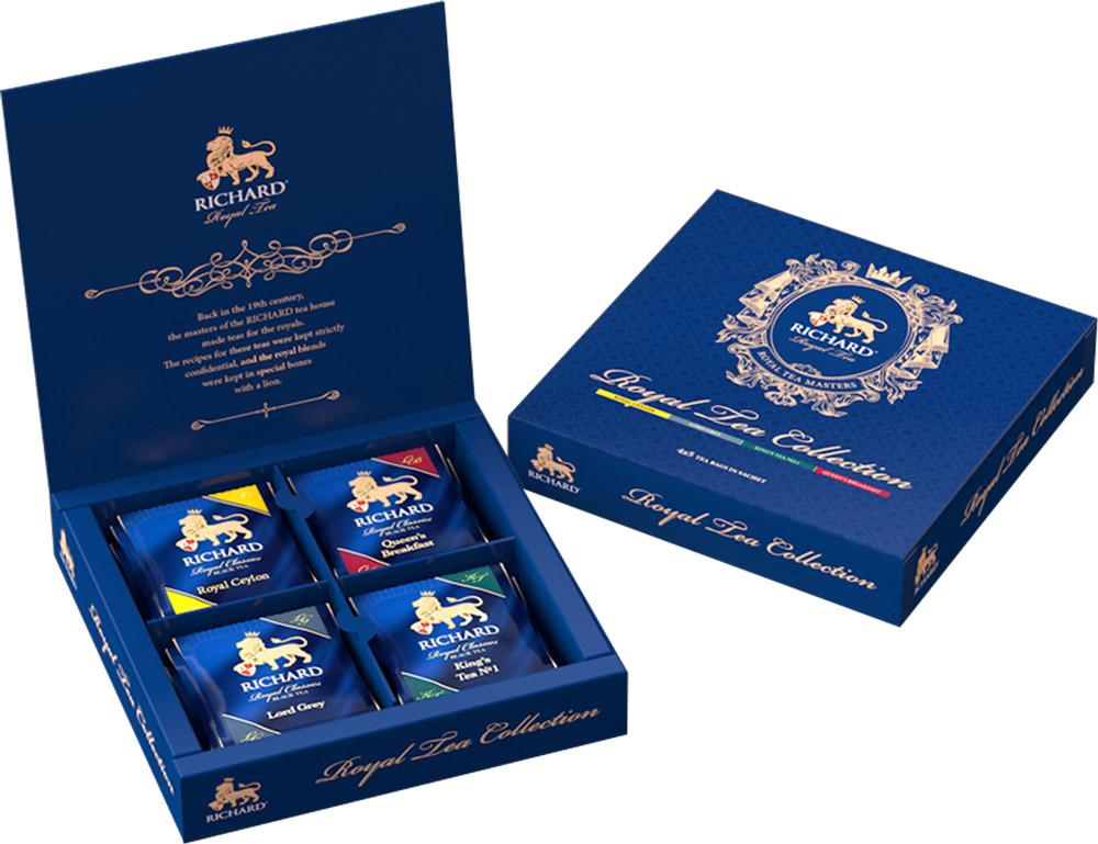 Richard Royal Tea Collection чай черный ассорти в пакетиках, 20 шт100156 Richard Royal Tea Collection чай черный ассорти в пакетиках, 20 шт100156Черный чай Richard Royal Tea Collection можно с гордостью ставить на праздничный стол! В упаковку входят четыре вида чая: Royal Ceylon - бесценный шедевр Королевской чайной коллекции, блистательный купаж Royal Ceylon хранит верность тонкому вкусу коронованных особ. Отборный высокогорный цейлонский чай с мягкими, едва уловимыми сладковатыми нотками - неизменный выбор королей. Lord Grey - аристократичность и безупречный вкус - главные отличия особ высшего света и... чая Lord Grey. Неповторимый букет Золотого цейлонского чая с чарующей нотой бергамота и легким цитрусовым шлейфом - фаворит светских раутов. Kings Tea No.1 - любимый чай Его Величества, сопровождающий монарха в летних резиденциях и деловых поездках. Этот элегантный чайный букет с пикантным и тонким шлейфом кафрского лайма и английской мяты помогает сохранить ясность мысли и бодрость духа. Queens Breakfast - этому чаю в Королевской коллекции отведена важная роль обеспечить монаршей семье...