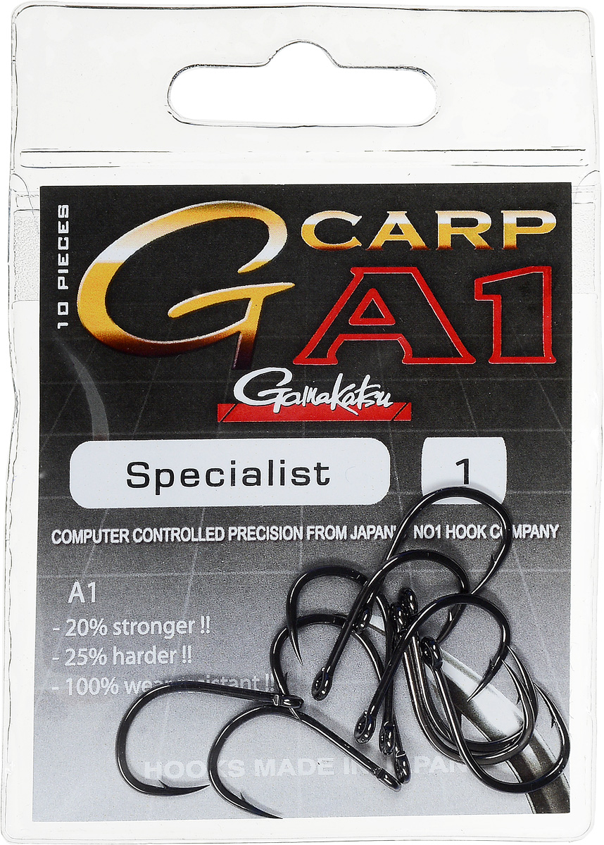 Крючок рыболовный Gamakatsu A1 G-Carp Specialist, размер 1, 10 шт14717500100 Крючок рыболовный Gamakatsu A1 G-Carp Specialist, размер 1, 10 шт14717500100Крючок Gamakatsu A1 G-Carp Specialist подходит для ловли карпа. Изделие изготовлено из стали повышенной прочности. Крючок долго остается острым и легко впивается даже в твердую кость. Крючок не имеет бокового отгиба, жало подогнуто. Применяется в составе волосяных оснасток с тонущими насадками, а также с насадками типа снеговик. Подходит для растительных и животных насадок. Крючок прекрасно справляется на участках дна с наличием донного мусора. Размер: 1. Количество: 10 шт. Вид головки: кольцо.