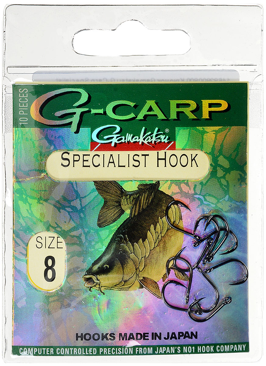 Крючок рыболовный Gamakatsu G-Carp. Specialist Hook, №8, 10 шт14682800800 Крючок рыболовный Gamakatsu G-Carp. Specialist Hook, №8, 10 шт14682800800Gamakatsu G-Carp. Specialist Hook - карповый крючок с жалом с углублением, кованым прочным толстым цевьем, круглым ушком и крючком-джигом. На сегодняшний день рыболовные крючки Gamakatsu являются лучшими по качеству в Японии и Европе. Все крючки выполняются из очень прочной стальной проволоки. Жала крючков имеют химическую заточку. Вид крепления: ушко. Размер крючка: №8.