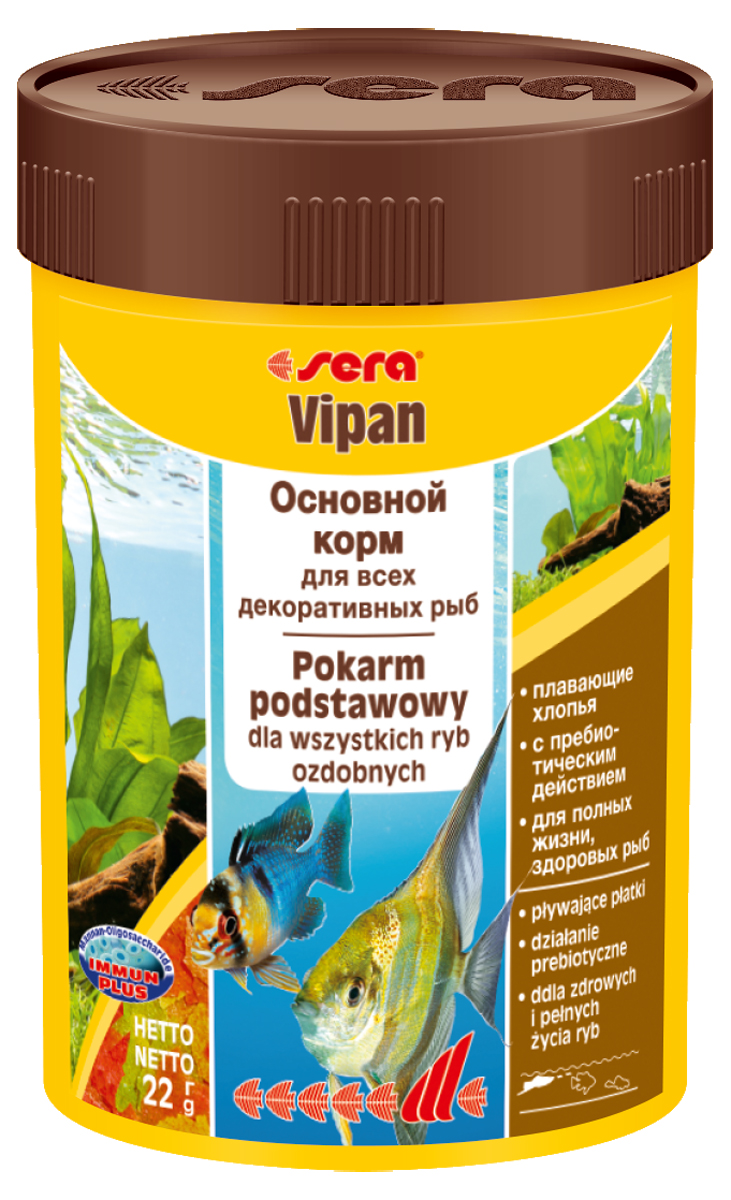 Корм для рыб Sera Vipan, 100 мл (22 г)0140 Корм для рыб Sera Vipan, 100 мл (22 г)0140Корм для рыб Sera Vipan - хорошо сбалансированный основной корм в виде хлопьев, содержащий более 40 ингредиентов. Идеально подходит для ежедневного кормления всех декоративных рыб в общих аквариумах. Сбалансированный состав удовлетворяет потребности множества видов. Бережная обработка гарантирует сохранение ценных ингредиентов (например, жирных кислот Омега, витаминов и минералов). Белки и другие питательные вещества делают этот корм высокопитательным и легко перевариваемым рыбами. Формула Vital-Immun-Protect гарантирует вашим рыбам прекрасное здоровье, укрепление иммунитета и обилие жизненных сил. Специальный метод приготовления позволяет хлопьям сохранять свою форму в течение длительного времени, не загрязняя воду. Хлопья в то же время очень нежны и поэтому охотно поедаются рыбой. Ингредиенты: рыбная мука, пшеничная мука, пивные дрожжи, казеинат кальция, гаммарус, яичный порошок, рыбий жир, маннанолигосахарид (MOS 0,4%), спирулина, травы, люцерна, крапива, мука из...