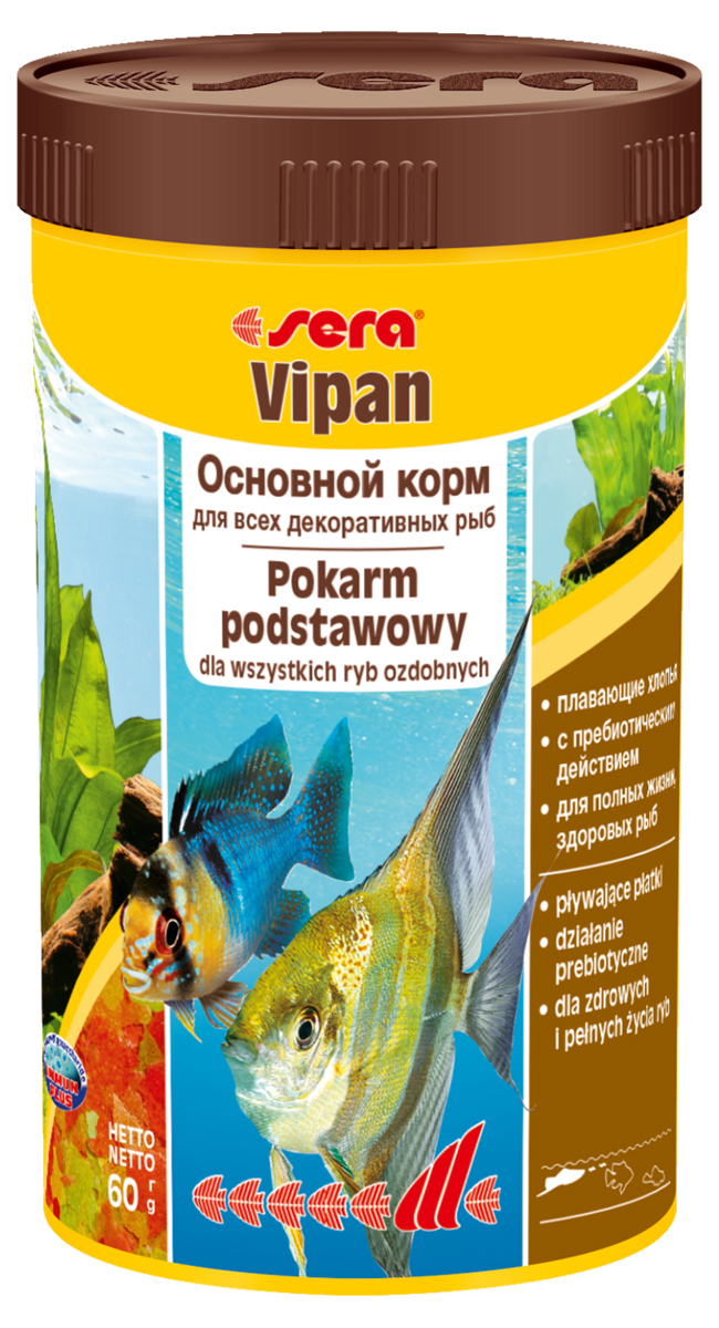 Корм для рыб Sera Vipan, 250 мл (60 г)0150 Корм для рыб Sera Vipan, 250 мл (60 г)0150Основной хлопьевидный корм для декоративных рыб в аквариумах со смешанным сообществом. Сбалансированный состав удовлетворяет потребности множества видов. Бережная обработка гарантирует сохранение ценных ингредиентов (например, жирных кислот Омега, витаминов и минералов). Метод его приготовления, применяемый фирмой sera, позволяет хлопьям сохранять свою форму в течение длительного времени, не загрязняя воду. Благодаря уникальной очень высокой степени измельчения, хлопья в тоже время очень нежны и поэтому охотно поедаются рыбой. Ингредиенты: рыбная мука, пшеничная мука, пивные дрожжи, казеинат кальция, гаммарус, яичный порошок, рыбий жир, маннан-олигосахарид (MOS 0,4%), спирулина, травы, люцерна, крапива, мука мука из зеленых губчатых молюсков, водоросли, зелень петрушки, перец, шпинат, чеснок, морковь. красители, разрешенные в ЕС. Кач. состав на кг: протеины 46,2%, жиры: 8,9%, клетчатка: 2,3%, зола: 11,9%, влажность: 6,7%, Вит А: 37000МЕ, Вит В1: 35мг, Вит В2: 90мг, Вит С: 550мг, Вит...