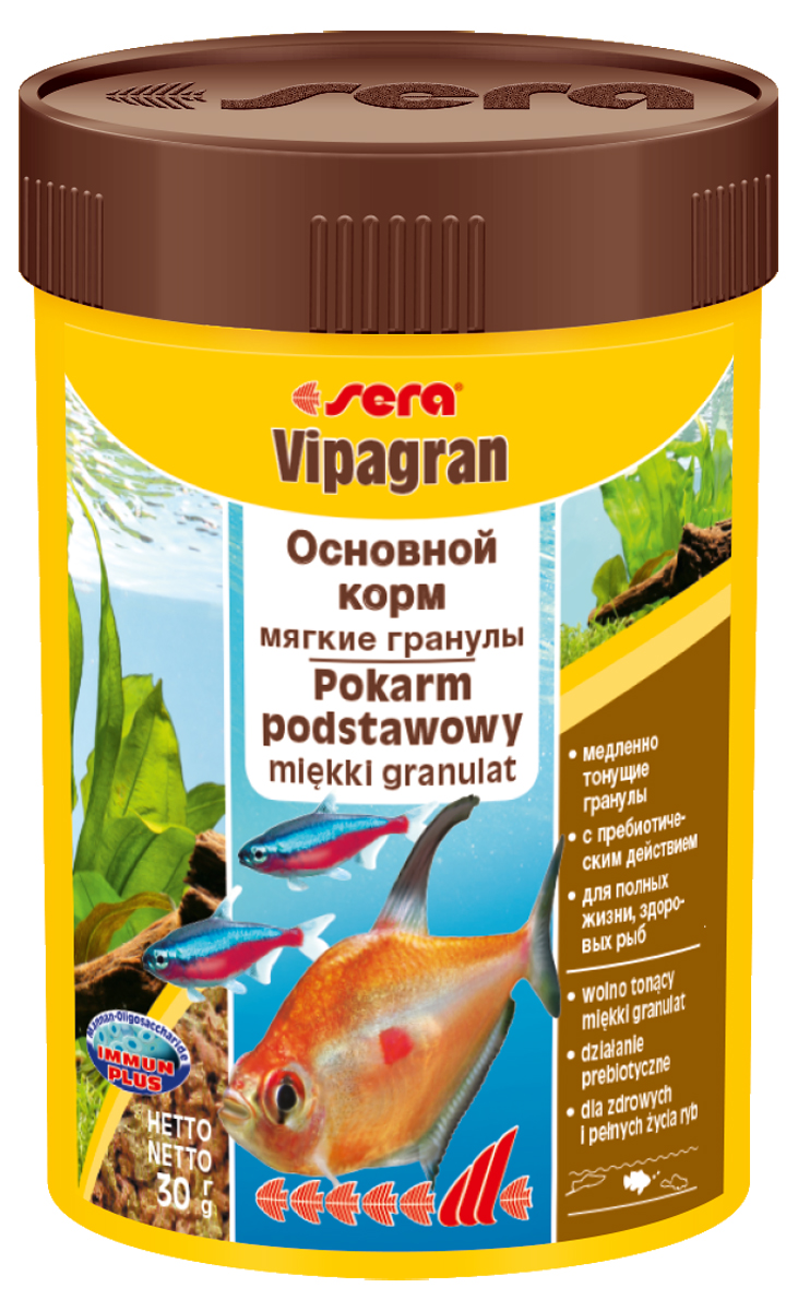Корм для рыб Sera Vipagran, 100 мл (30 г)0201 Корм для рыб Sera Vipagran, 100 мл (30 г)0201Корм для рыб Sera Vipagran - основной корм для всех видов рыб, главным образом кормящихся в средних слоях воды. Корм выполнен в виде медленно тонущих мягких гранул. Корм медленно опускается на дно, что позволяет полакомиться всем рыбам и предотвращает излишнее засорение грунта. Благодаря особому процессу обработки гранулы становятся мягкими сразу после попадания в воду и не разбухают в желудке рыб. Благодаря мягкой эластичной структуре частиц этот вкусный сбалансированный корм также подходит для рыб с очень маленьким ртом и узкой глоткой. Они могут откусывать от гранул небольшие кусочки. Тщательно подобранные ингредиенты корма с пребиотическим действием способствуют здоровью и жизнестойкости рыб. Гранулы великолепно усваиваются организмом рыб. Формула Vital-Immun-Protect гарантирует вашим рыбам прекрасное здоровье, укрепление иммунитета и обилие жизненных сил. Ингредиенты: кукурузный крахмал, пшеничная клейковина, рыбная мука, цельный...