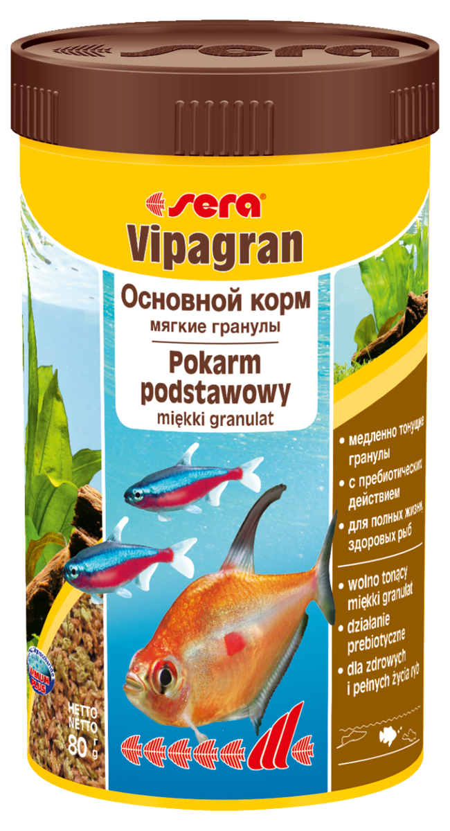 Корм для рыб Sera Vipagran, 250 мл (80 г)0202 Корм для рыб Sera Vipagran, 250 мл (80 г)0202Корм для рыб Sera Vipagran - основной корм для всех видов рыб, главным образом кормящихся в средних слоях воды. Корм выполнен в виде медленно тонущих мягких гранул. Корм медленно опускается на дно, что позволяет полакомиться всем рыбам и предотвращает излишнее засорение грунта. Благодаря особому процессу обработки гранулы становятся мягкими сразу после попадания в воду и не разбухают в желудке рыб. Благодаря мягкой эластичной структуре частиц этот вкусный сбалансированный корм также подходит для рыб с очень маленьким ртом и узкой глоткой. Они могут откусывать от гранул небольшие кусочки. Тщательно подобранные ингредиенты корма с пребиотическим действием способствуют здоровью и жизнестойкости рыб. Гранулы великолепно усваиваются организмом рыб. Формула Vital-Immun-Protect гарантирует вашим рыбам прекрасное здоровье, укрепление иммунитета и обилие жизненных сил. Ингредиенты: кукурузный крахмал, пшеничная клейковина, рыбная мука, цельный...
