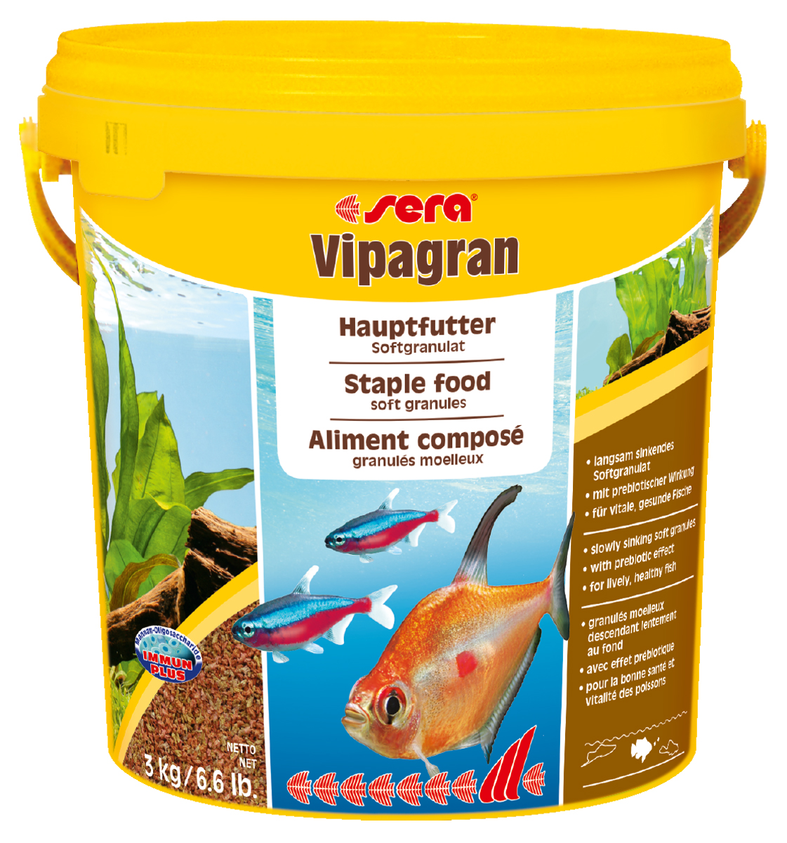 Корм для рыб Sera Vipagran, 10 л (3 кг)0204 Корм для рыб Sera Vipagran, 10 л (3 кг)0204Корм для рыб Sera Vipagran - основной корм для всех видов рыб, главным образом кормящихся в средних слоях воды. Корм выполнен в виде медленно тонущих мягких гранул. Корм медленно опускается на дно, что позволяет полакомиться всем рыбам и предотвращает излишнее засорение грунта. Благодаря особому процессу обработки гранулы становятся мягкими сразу после попадания в воду и не разбухают в желудке рыб. Благодаря мягкой эластичной структуре частиц этот вкусный сбалансированный корм также подходит для рыб с очень маленьким ртом и узкой глоткой. Они могут откусывать от гранул небольшие кусочки. Тщательно подобранные ингредиенты корма с пребиотическим действием способствуют здоровью и жизнестойкости рыб. Гранулы великолепно усваиваются организмом рыб. Формула Vital-Immun-Protect гарантирует вашим рыбам прекрасное здоровье, укрепление иммунитета и обилие жизненных сил. Ингредиенты: кукурузный крахмал, пшеничная клейковина, рыбная мука, цельный...