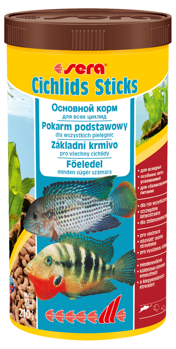 Корм для рыб Sera Cichlids Sticks, 1 л (210 г)0210 Корм для рыб Sera Cichlids Sticks, 1 л (210 г)0210Корм для рыб Sera Cichlids Sticks предназначен для всех видов цихлид. Корм изготовлен в виде палочек, произведенных путем бережной обработки сырья. Благодаря высокому содержанию ценных белков и входящим в состав зародышам пшеницы, этот сбалансированный корм легко усваивается и особенно привлекателен для рыб. Формула Vital-Immun-Protect гарантирует рыбам прекрасное здоровье, укрепление иммунитета и обилие жизненных сил. Плавающие палочки сохраняют свою форму в воде, не загрязняя ее. Корм не содержит красителей, благодаря чему ни при каких условиях не подкрашивает воду в аквариуме. Инструкция по применению: Кормить один-два раза в день, но только в том количестве, которое рыбы могут съесть в течение короткого периода времени. Ингредиенты: рыбная мука, кукурузный крахмал, пшеничная мука, пшеничная клейковина, пшеничные зародыши (5%), пивные дрожжи, рыбий жир (49% Омега жирных кислот), гаммарус, маннанолиго-сахариды (0,4%), зеленые мидии, водоросль...