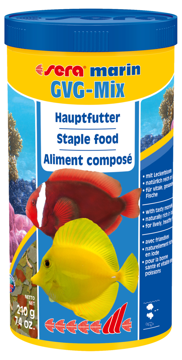 Корм для морских рыб Sera Gvg-Mix Marin, 1 л (210 г)0370 Корм для морских рыб Sera Gvg-Mix Marin, 1 л (210 г)0370Корм для морских рыб Sera Gvg-Mix Marin - это медленно тонущий основной корм, состоящий из мягких хлопьев и бережно высушенных кормовых организмов. Состоит на 80% из морских водорослей, криля и планктона, на 20% из сублимированных мотыля дафнии и креветок артемия. Высушенные целиком кормовые организмы вносят в кормление столь необходимое разнообразие. Корм предназначен для кормления всех видов морских рыб, особо нуждающихся в йоде и минеральных веществах в отличие от пресноводных рыб. Инструкция по применению: Кормить один-два раза в день, но только в том количестве, которое рыбы могут съесть в течение короткого периода времени. Ингредиенты: рыбная мука, пшеничная мука, казеинат кальция, пивные дрожжи, криль (3,6%), морские водоросли, гаммарус, красный мотыль (2,7%), дафния (2,7%), цельный яичный порошок, спирулина, маннанолигосахариды (0,4%), жир из печени рыбы (34% омега жирных кислот), растительное сырье, крапива, люцерна,...