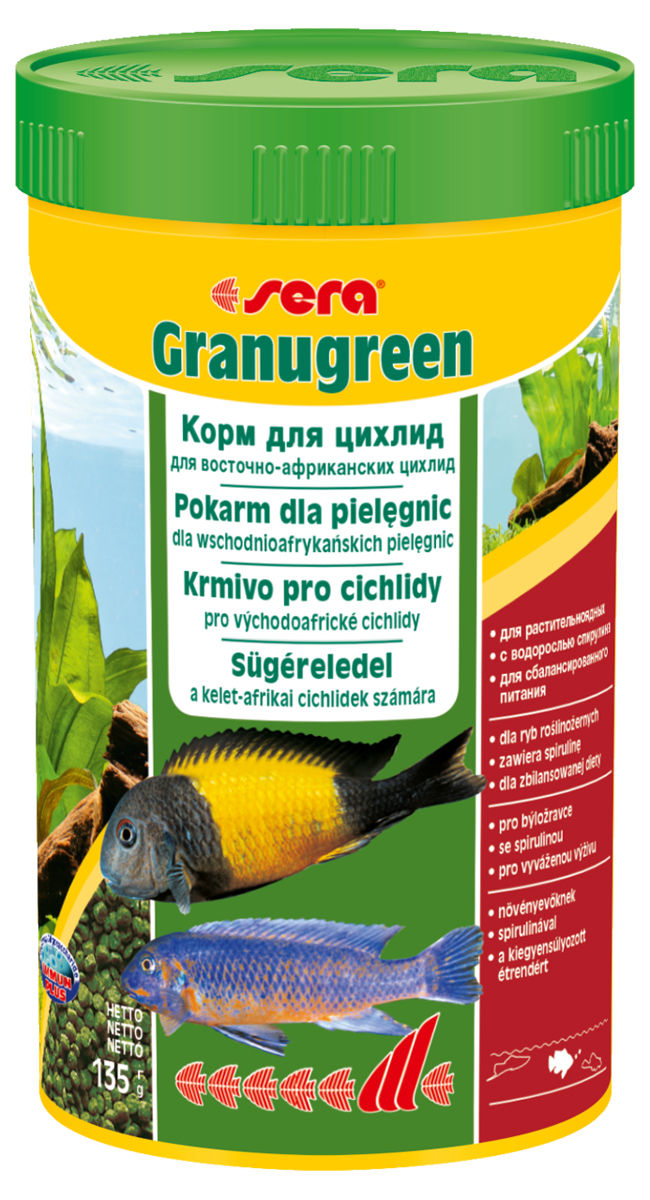 Корм для рыб Sera Granugreen, 250 мл (135 г)0392 Корм для рыб Sera Granugreen, 250 мл (135 г)0392Основной корм, состоит из гранул, произведенных путем бережной обработки сырья; предназначен для цихпид, которые преимущественно питаются растениями и перифитоном. Сбалансированный состав растительных компонентов, таких как водоросль спирулина и шпинат, способствует здоровому пищеварению и оптимальному формированию яркости и насыщенности окраски цихпид. Медленно тонущие гранулы, надолго сохраняют свою форму в воде, не загрязняя её. Инструкция по применению: кормить один-два раза в день, но только в том количестве, которое рыбы могут съесть в течение короткого периода времени. Ингредиенты: рыбная мука, кукурузный крахмал, пшеничная клейковина, пшеничная мука, пшеничные зародыши, пивные дрожжи, рыбий жир (вт.ч. 49% Омега жирных кислот), петрушка, спирулина (1,7%), крапива, растительное сьрье, люцерна, маннанолигосахариды (0,4%), морские водоросли, паприка, шпинат, морковь, зеленые мидии, водоросль гематококкус, чеснок. Аналитический состав: протеин 38,9%, жиры 8,5%, клетчатка 4,8%,...