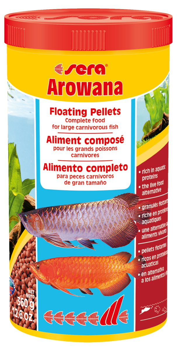 Корм для рыб Sera Arowana, 1000 мл (360 г)0400 Корм для рыб Sera Arowana, 1000 мл (360 г)0400Комплексный корм для арован, крупных цихлид и других плотоядных рыб (плавающие паллочки) - богат белками, полученными из водных обитателей - альтернатива «живому» корму. Содержит натуральные аттрактанты для возбуждения аппетита и натуральные каротиноиды для великолепного окраса рыбы. Инструкция по применению: Кормить несколько раз в день, но только в том количестве, которое рыбы могут съесть за короткий период времени. Ингредиенты: рыбная мука (40%), кукурузный крахмал, пшеничная мука, пшеничная клейковина, пшеничные зародыши, пивные дрожжи, спирулина, рыбий жир (в т.ч. 49% Омега жирных кислот), водоросль гематококкус (0,5%), криль, маннанолигосахариды (0,4%), растительное сырье, люцерна, крапива, петрушка, зеленые мидии, морские водоросли, паприка, шпинат, морковь, чеснок. Аналитический состав: Протеин 43,1%, Жиры 8,5%, Клетчатка 3,3%, Влажность 5,0%, Зольные вещества 6,9%. Содержание добавок: Витамины и провитамины: Вит. А 37.000 МЕ/кг, Вит. D3 1.800 МЕ/кг, Вит. Е (D, L-o-tocopheryl...