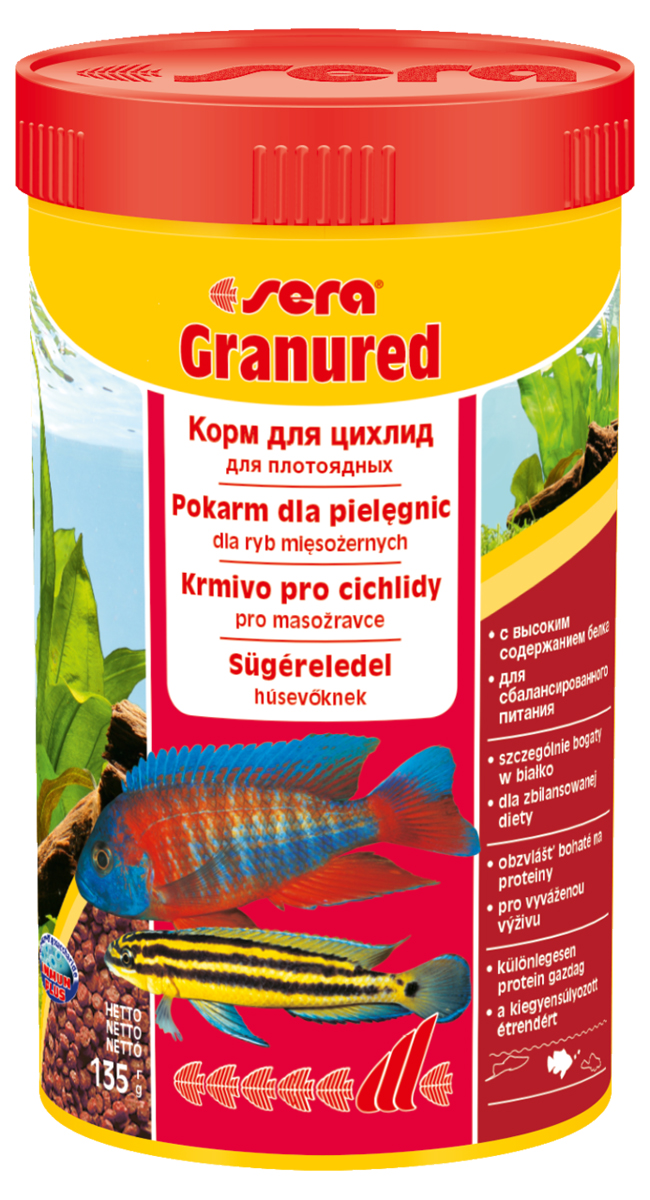 Корм для рыб Sera Granured, 250 мл (135 г)0402 Корм для рыб Sera Granured, 250 мл (135 г)0402Основной комплексный корм, состоит из гранул, произведенных путем бережной обработки сырья; предназначен для преимущественно плотоядных цихлид. Высокое содержание белка, ценных жиров и криля способствует здоровому развитию и оптимальному формированию яркости и насыщенности окраски цихлид. Медленно тонущие гранулы, надолго сохраняют свою форму в воде, не загрязняя ее. Инструкция по применению: Кормить один-два раза в день, но только в том количестве, которое рыбы могут съесть в течение короткого периода времени. Ингредиенты: рыбная мука (26%), кукурузный крахмал, пшеничная клейковина, пшеничная мука, пшеничные зародыши, криль (2%), рыбий жир (в т.ч. 49% Омега жирных кислот), гаммарус, маннанолигосахариды (0,4%), пивные дрожжи, спирулина, зеленые мидии, водоросль гематококкус, чеснок. Аналитический состав: Протеин 46,5%, Жиры 8,2%, Клетчатка 3,3%, Влажность 5,0%, Зольные вещества 5,3%. Содержание добавок: Витамины и провитамины: Bит. A 30.000 МЕ/кг, Bит. D3 1.500 МЕ/кг, Bит. E (D,...