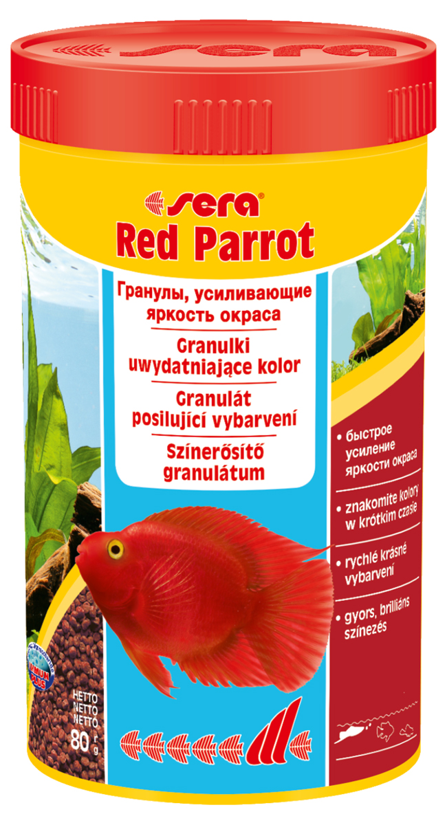 Корм для рыб Sera Red Parrot, 250 мл (80 г)0411 Корм для рыб Sera Red Parrot, 250 мл (80 г)0411Плавающий гранулированный корм, специально разработанный для рыб-попугаев. Тщательно подобранные ингредиенты корма бережно обработаны и хорошо сбалансированы, чтобы удовлетворить специфические потребности этих впечатляющих рыбок. Натуральные пигменты обеспечивают усиление яркости окраса в течение короткого периода времени. Инструкция по применению: Кормить несколько раз в день экономно, но только в том объеме, который рыбы могут съесть за короткий период времени. Ингредиенты: рыбная мука, кукурузный крахмал, пшеничная мука, пшеничная клейковина, пшеничные зародыши, пивные дрожжи, спирулина, рыбий жир (в т.ч. 49% Омега жирных кислот), водоросль гвматококкус, криль, маннанолигосахариды (0,4%), растительное сырье, люцерна, крапива, петрушка, зеленые мидии, морские водоросли, паприка, шпинат, морковь, чеснок. Аналитический состав: Протеин 42,0%, Жиры 8,5%, Клетчатка 2,8%, Влажность 5,2%, Зольные вещества 6,9%. Содержание добавок Витамины и провитамины: Вит. А 37.000 МЕ/кг, Вит. D3 1.800...