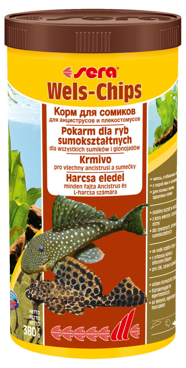 Корм для рыб Sera Wels Chips, 1000 мл (380 г)0508 Корм для рыб Sera Wels Chips, 1000 мл (380 г)0508Корм для сомиков, содержащий кору ивы и шишки ольхи. Предназначен как для сомов, соскабливающих корм, так и для сомов со ртом в виде присоски. Высокое содержание балластных веществ поддерживает пищеварение и соответствует естественным особенностям питания рыб. Быстро тонущие чипсы сохраняют свою форму в течение 24 часов, не загрязняя воду. Это позволяет ночным сомам поедать корм медленно. Инструкция по применению: Кормить экономно один раз в день. Ночных животных - желательно кормить вечером. Ингредиенты: рыбная мука, кукурузный крахмал, пшеничная мука, пшеничные зародыши, пивные дрожжи, спирулина, сухое молоко, рыбий жир (в т.ч. 49% Омега жирных кислот), растительное сырье, цельный яичный порошок, кора ивы (0,5%), ольховые шишки (0,5%), крапива, люцерна, маннанолигосахариды (0,4%), петрушка, морские водоросли, паприка, шпинат, морковь, зеленые мидии, водоросль гематококкус, чеснок. Аналитический состав: Протеин 34,2%, Жиры 6,9%, Клетчатка 6,2%, Влажность 4,2%, Зольные вещества 6,5%....