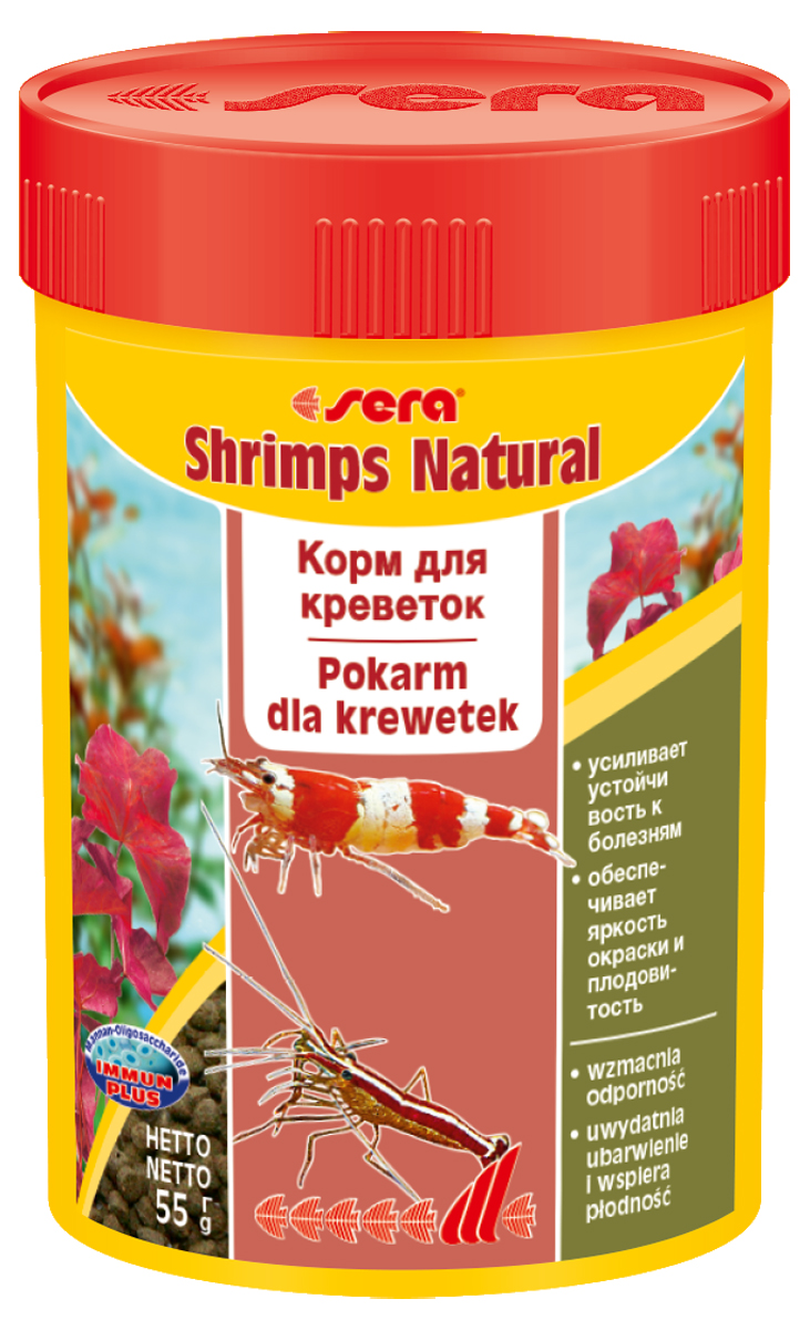 Корм для креветок Sera Shrimps Natural, 55 г0554 Корм для креветок Sera Shrimps Natural, 55 г0554Корм для креветок Sera Shrimps Natural - погружающийся, сохраняющий свою форму гранулированный корм для оптимального питания креветок в пресноводном и морском аквариумах. Высококачественные ингредиенты гарантируют здоровое развитие, яркость окраса, плодовитость и жизнеспособность. Инструкция по применению: Кормить экономно один раз в день. Сразу после кормления не удаляйте остатки гранул; они сохраняют свою форму в течение длительного времени; креветки поедают корм медленно. Ингредиенты: рыбная мука, пшеничная мука, пшеничные зародыши, пивные дрожжи, спирулина, казеинат кальция, морские водоросли, гаммарус, крапива, кора ивы, ольховые шишки, рыбий жир (49% омега жирных кислот), маннанолигосахериды (0,4%), растительное сырье, люцерна, петрушка, паприка, зеленые мидии, шпинат, морковь, водоросль гематококкус, чеснок. Аналитический состав: протеин 40,5%, жиры 7,7%, клетчатка 6,0%, влажность 5,0%, зольные вещества 10,5%,...