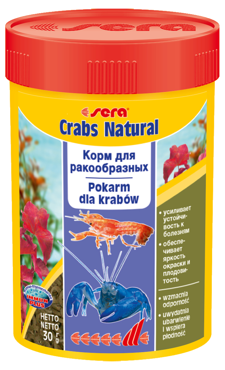 Корм для раков и крабов Sera Crabs Natural, 100 мл (30 г)0556 Корм для раков и крабов Sera Crabs Natural, 100 мл (30 г)0556Комплексный корм для ракообразных в пресноводных и морских аквариумах - тонущие колечки, стабильно сохраняющие форму в воде. Их состав обеспечивает устойчивость к болезням, способствует плодовитости аквариумных ракообразных и поддерживает их насыщенную окраску. Инструкция по применению: Кормить экономно один раз в день. Ингредиенты: рыбная мука, кукурузный крахмал, пшеничная мука, спирулина, пивные дрожжи, пшеничные зародыши, гаммарус, казеинат кальция, морские водоросли, крапива, кора ивы, ольховые шишки, рыбий жир (в т.ч. 49% Омега жирных кислот), маннанолигосахариды (0,4%), растительное сырье, люцерна, петрушка, паприка, зеленые мидии, шпинат, морковь, водоросль гематококкус, чеснок. Аналитический состав: Протеин 36,7%, Жиры 11,1%, Клетчатка 4,5%, Влажностъ 5,2%, Зольные вещества 8,6%, Кальций 1,9%, Фосфор 1,0%. Содержание добавок: витамин A 37.000 IU/kg, витамин D3 1.800 lU/kg, витамин E (D, L-a-tocopheryl acetate) 120 mg/kg, витамин B1 35 mg/kg, витамин B2 90 mg/kg, стаб. витамин...