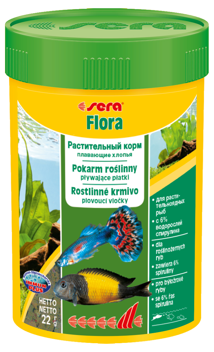 Корм для рыб Sera Flora, 100 мл (22 г)0640 Корм для рыб Sera Flora, 100 мл (22 г)0640Корм для рыб Sera Flora - хлопьевидный корм из растительного сырья для всех растительноядных рыб, живородящих (гуппи, меченосцы), африканских цихлид. Для растительноядных рыб данный корм должен составлять не менее 70% от рациона, для всех остальных может использоваться в качестве дополнительного корма. Это идеальный корм для всех видов рыб, кормящихся у поверхности воды. Тщательно подобранные ингредиенты корма, богатые балластными веществами, такими как водоросль спирулина, способствуют здоровому пищеварению и жизнестойкости рыб. Хлопья долго плавают, сохраняя свою форму, поэтому они поедаются полностью и не загрязняют воду. Формула Vital-Immun-Protect гарантирует рыбам прекрасное здоровье, укрепление иммунитета и обилие жизненных сил. Инструкция по применению: Кормить один-два раза в день, но только в том количестве, которое рыбы могут съесть в течение короткого периода времени. Ингредиенты: рыбная мука, пшеничная мука, пивные дрожжи, казеинат...