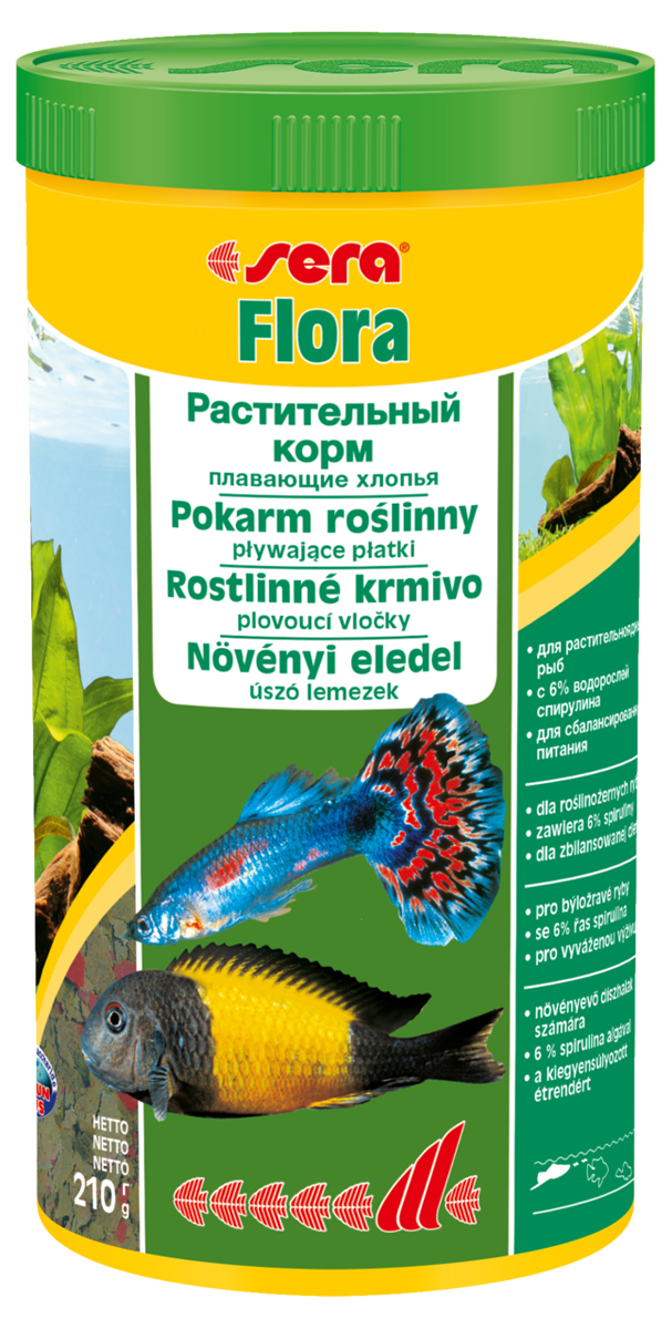 Корм для рыб Sera Flora, 1000 мл (210 г)0670 Корм для рыб Sera Flora, 1000 мл (210 г)0670Растительный корм – плавающие хлопья – для растительноядных рыб – с 6% водорослей спирулина – для сбалансированного питания. Состоит из хлопьев, произведенных путем бережной обработки сырья. Это идеальный корм для всех видов рыб, кормящихся у поверхности воды. Тщательно подобранные ингредиенты корма, богатые балластными веществами, такими как водоросль спирулина, способствуют здоровому пищеварению и жизнестойкости рыб. Хлопья долго плавают, сохраняя свою форму, поэтому они поедаются полностью и не загрязняют воду. Инструкция по применению: Кормить один-два раза в день, но только в том количестве, которое рыбы могут съесть в течение короткого периода времени. Ингредиенты: рыбная мука, пшеничная мука, пивные дрожжи, казеинат кальция, спирулина (6%), гаммарус, морские водоросли, цельный яичный порошок, крапива, люцерна, растительное сырье, маннанолигосахариды (0,4%), жир из печени рыбы (в т.ч. 34% Омега жирных кислот), петрушка, паприка, зеленые мидии, шпинат, морковь, водоросль...