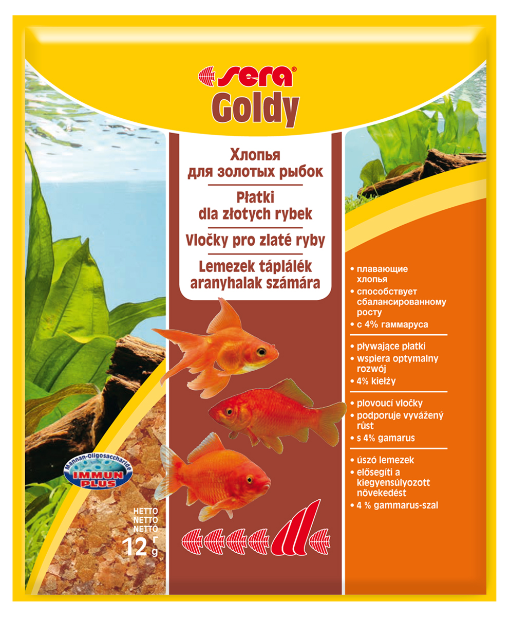 Корм для рыб Sera Goldy, 12 г0832 Корм для рыб Sera Goldy, 12 г0832Корм для рыб Sera Goldy - основной корм в хлопьях для каждодневного кормления всех золотых рыбок в аквариумах и садовых прудах. Золотым рыбкам требуется меньше белков и больше легко перевариваемых углеводов, чем тропическим рыбкам. Корм sera goldy содержит спирулину и муку из пророщенной пшеницы, благодаря чему идеально подходит для кормления холодноводных рыб в аквариумах и прудах. Кормление рыб осенью укрепляет рыб перед спячкой (при зимовке в водоеме). Благодаря тщательно подобранным ингредиентам растительного и животного происхождения, корм является привлекательным для рыб, легко усваивается, способствует их сбалансированному росту и активности. Инструкция по применению: Кормить круглогодично один-два раза в день, но только в том количестве, которое рыбы могут съесть в течение короткого периода времени. Молодые рыбки нуждаются в более частом кормлении (при необходимости можно измельчить хлопья для более полноценного кормления). Ингредиенты: рыбная...