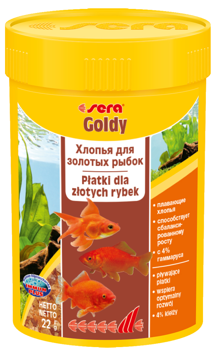 Корм для рыб Sera Goldy, 100 мл (22 г)0840 Корм для рыб Sera Goldy, 100 мл (22 г)0840Корм для рыб Sera Goldy - основной корм в хлопьях для каждодневного кормления всех золотых рыбок в аквариумах и садовых прудах. Золотым рыбкам требуется меньше белков и больше легко перевариваемых углеводов, чем тропическим рыбкам. Корм sera goldy содержит спирулину и муку из пророщенной пшеницы, благодаря чему идеально подходит для кормления холодноводных рыб в аквариумах и прудах. Кормление рыб осенью укрепляет рыб перед спячкой (при зимовке в водоеме). Благодаря тщательно подобранным ингредиентам растительного и животного происхождения, корм является привлекательным для рыб, легко усваивается, способствует их сбалансированному росту и активности. Инструкция по применению: Кормить круглогодично один-два раза в день, но только в том количестве, которое рыбы могут съесть в течение короткого периода времени. Молодые рыбки нуждаются в более частом кормлении (при необходимости можно измельчить хлопья для более полноценного кормления)....