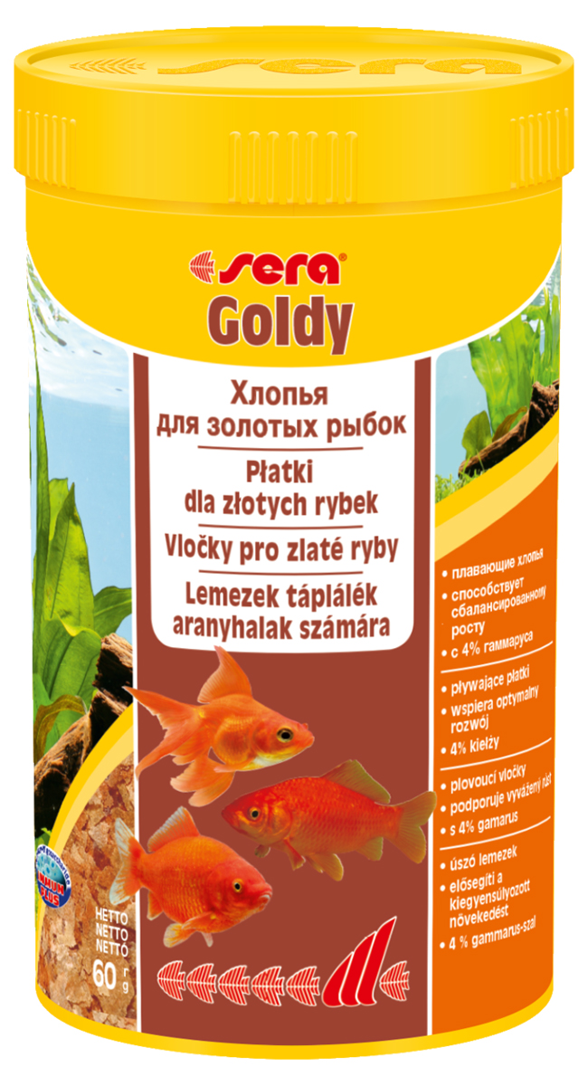 Корм для рыб Sera Goldy, 250 мл (60 г)0850 Корм для рыб Sera Goldy, 250 мл (60 г)0850Основной корм, состоит из плавающих хлопьев, произведенных путем бережной обработки сырья; предназначен для небольших золотых рыбок. Благодаря тщательно подобранным ингредиентам растительного и животного происхождения, корм является привлекательным для рыб, легко усваивается, способствует их сбалансированному росту и активности. Инструкция по применению: Кормить круглогодично один-два раза в день, но только в том количестве, которое рыбы могут съесть в течение короткого периода времени. Молодые рыбки нуждаются в более частом кормлении (при необходимости можно измельчить хлопья для более полноценного кормления). Ингредиенты: рыбная мука, пшеничная мука, пивные дрожжи, казеинат кальция, гаммарус (4%), маннанолигосахариды (0,4%), зеленые мидии, чеснок, крапива, люцерна, растительное сырье, петрушка, морские водоросли, паприка, спирулина, шпинат, морковь. Аналитический состав: Протеин 48,6%, Жиры 8,1%, Клетчатка 3,9%, Влажность 5,0%, Зольные вещества 11,1%. Содержание добавок: Витамины и...