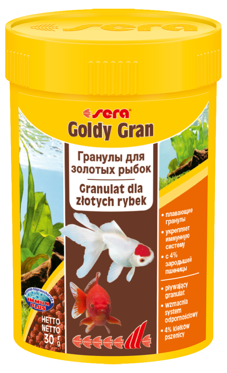 Корм для рыб Sera Goldy Gran, 100 мл (30 г)0861 Корм для рыб Sera Goldy Gran, 100 мл (30 г)0861Корм для рыб Sera Goldy Gran - комплексный корм для холодноводных рыб (аквариумных и прудовых), идеальный основной корм для золотых рыбок. Плавающие гранулы корма, благодаря высококачественным ингредиентам, обеспечивают всеми необходимыми питательными веществами даже самые привередливые виды рыб. Входящие в состав корма зародыши пшеницы гарантируют высокую усвояемость корма, в том числе при низких температурах. Рыбы, таким образом, растут и остаются здоровыми без перекармливания. Результатом кормления этим кормом будут яркие цвета, здоровый рост, крепкая иммунная система, плодовитость и жизнеспособность рыб. Инструкция по применению: Кормите небольшими порциями один-два раза в день, в течение всего года. Дозируйте такое количество корма, которое рыбы могут съесть в течение короткого периода времени. Ингредиенты: рыбная мука, кукурузный крахмал, пшеничная мука, пшеничные зародыши (4%), пшеничная клейковина, рыбий жир, пивные...