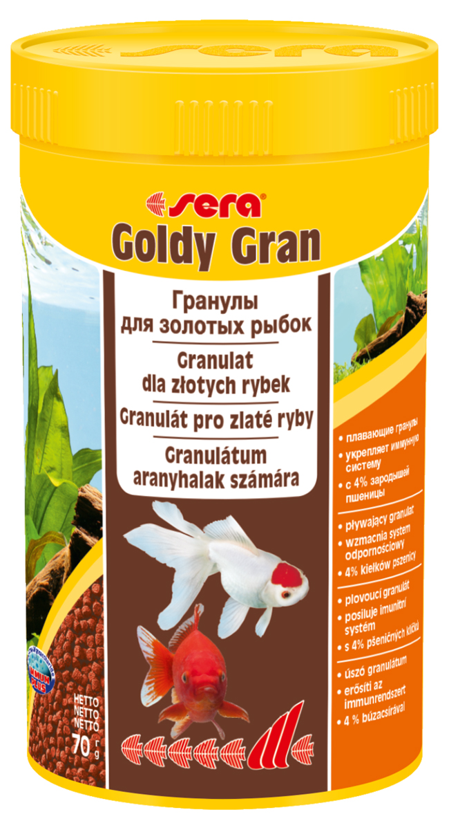 Корм для рыб Sera Goldy Gran, 250 мл (70 г)0862 Корм для рыб Sera Goldy Gran, 250 мл (70 г)0862Корм для рыб Sera Goldy Gran - комплексный корм для холодноводных рыб (аквариумных и прудовых), идеальный основной корм для золотых рыбок. Плавающие гранулы корма, благодаря высококачественным ингредиентам, обеспечивают всеми необходимыми питательными веществами даже самые привередливые виды рыб. Входящие в состав корма зародыши пшеницы гарантируют высокую усвояемость корма, в том числе при низких температурах. Рыбы, таким образом, растут и остаются здоровыми без перекармливания. Результатом кормления этим кормом будут яркие цвета, здоровый рост, крепкая иммунная система, плодовитость и жизнеспособность рыб. Инструкция по применению: Кормите небольшими порциями один-два раза в день, в течение всего года. Дозируйте такое количество корма, которое рыбы могут съесть в течение короткого периода времени. Ингредиенты: рыбная мука, кукурузный крахмал, пшеничная мука, пшеничные зародыши (4%), пшеничная клейковина, рыбий жир, пивные дрожжи, маннанолигосахариды...