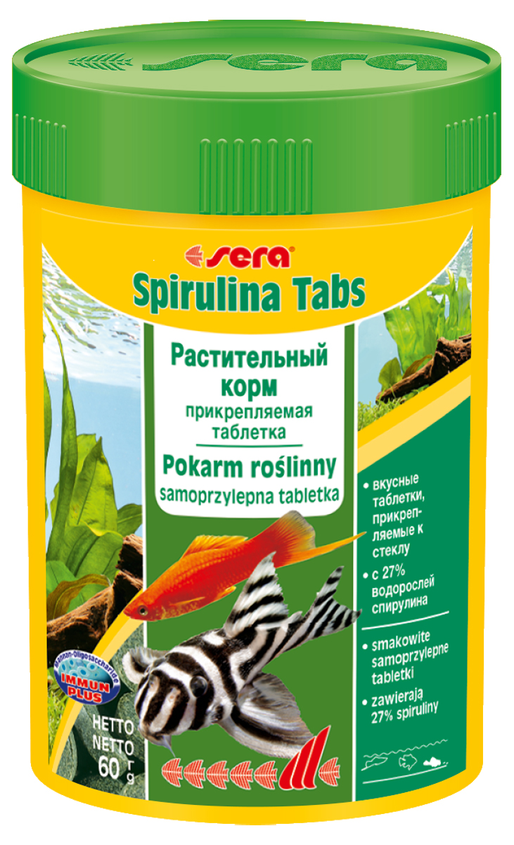 Корм для рыб Sera Spirulina Tabs, 100 мл (60 г), 100 таблеток0940 Корм для рыб Sera Spirulina Tabs, 100 мл (60 г), 100 таблеток0940Корм для рыб Sera Spirulina Tabs с высоким содержанием водоросли спирулина (27%) предназначен для пресноводных и морских животных; способствует их здоровому пищеварению и жизнестойкости. Корм также содержит отборные растительные ингредиенты, такие как планктон, морские водоросли, шпинат и ценные травы. Формула Vital-Immun-Protect гарантирует рыбам прекрасное здоровье, укрепление иммунитета и обилие жизненных сил. Таблетка прикрепляется к стеклянной стенке аквариума легким нажатием пальца. Инструкция по применению: Кормить один-два раза в день, но только в том количестве, которое рыбы могут съесть в течение короткого периода времени. Ингредиенты: спирулина (27%), рыбная мука, пшеничная мука, пивные дрожжи, казеинат кальция, криль, крапива, сухое молоко, гаммарус, морские водоросли, сахар, цельный яичный порошок, маннанолигосахариды (0,4%), растительное сырье, люцерна, жир из печени рыбы (34% Омега жирных кислот), петрушка, паприка, зеленые мидии,...
