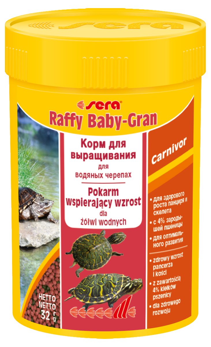 Корм для рептилий Sera Raffy Baby Gran, 100 мл (32 г)1727 Корм для рептилий Sera Raffy Baby Gran, 100 мл (32 г)1727Корм для рептилий Sera Raffy Baby Gran - комплексный корм для молодых водных черепах и других молодых плотоядных рептилий. Легко усваиваемый корм, благодаря своему составу, соответствует потребностям рептилий в природе. Корм очень легко переваривается и не загрязняет воду. Благодаря высокому содержанию минералов и микроэлементов активирует быстрый и здоровый рост. Инструкция по применению: Кормить экономно, несколько раз в день. Смешать со свежим кормом в соответствии с потребностями. Ингредиенты: рыбная мука, кукурузный крахмал, пшеничная мука, пшеничные зародыши (4%), пивные дрожжи, спирулина, пшеничная клейковина, рыбий жир, криль, зеленые мидии, гаммарус, растительное сырье, люцерна, крапива, петрушка, чеснок, морские водоросли, паприка, шпинат, морковь. Состав: белки 40,4%, жиры 4,8%, волокна 3,5%. Товар сертифицирован.