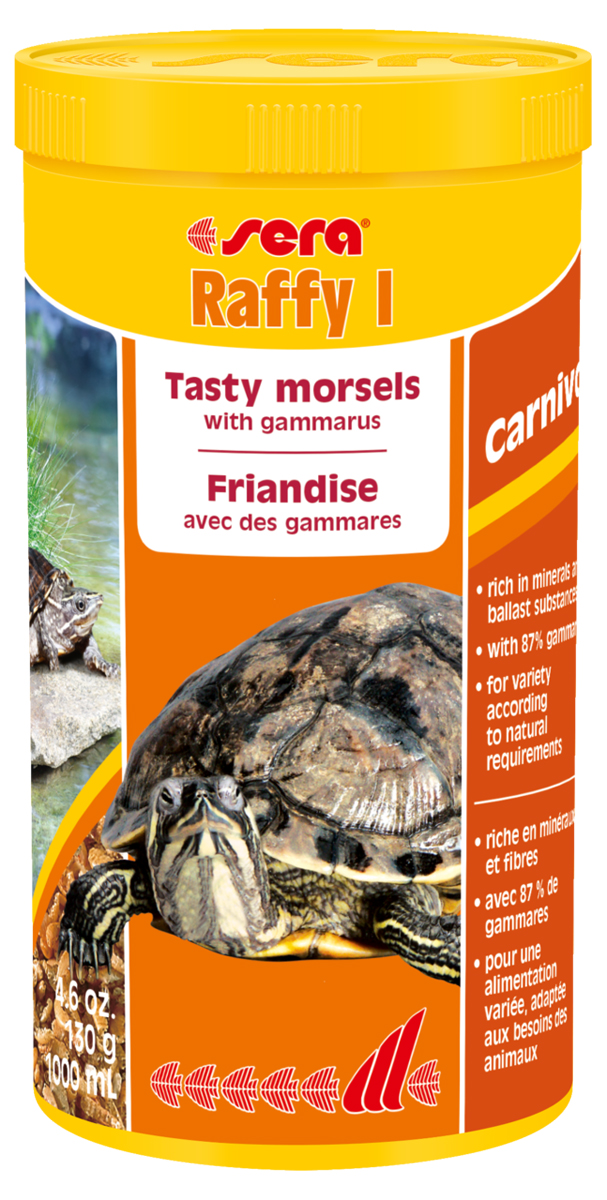 Корм для рептилий Sera Raffy I, 1 л (130 г)1770 Корм для рептилий Sera Raffy I, 1 л (130 г)1770Корм Sera Raffy I - это сбалансированный корм для плотоядных рептилий (водных черепах, ящериц), приготовленный из натурального живого корма методом лиофильной сушки, то есть изготовлен из кормовых организмов, высушенных целиком. Корм включает смесь мелких ракообразных, креветок, моллюсков, личинок, насекомых и муравьиных яиц. Подходит в качестве дополнения к рациону. Лакомство богато минералами, микроэлементами и балластными веществами. Инструкция по применению: Кормить экономно, несколько раз в неделю, между основными кормлениями. Ингредиенты: мелкие рачки, мелкие моллюски, личинки мух, яйца муравьев. Состав: протеин 48,7%, жиры 7,5%, клетчатка 5,3%, зольные вещества 17,1%, кальций 3,9%. Товар сертифицирован.