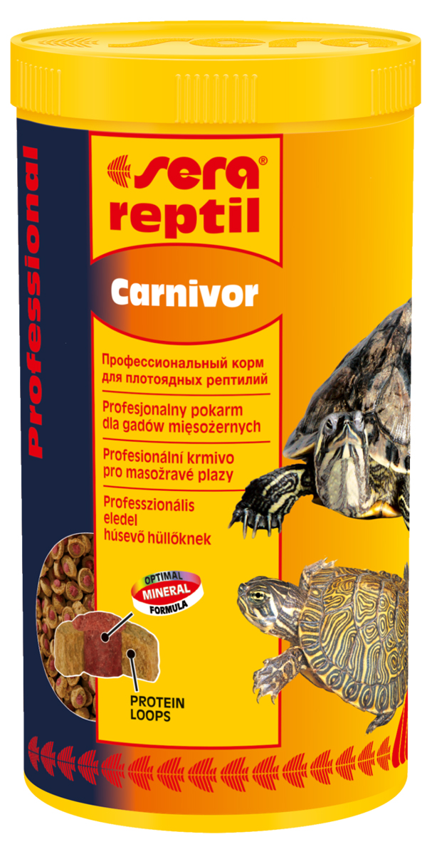 Корм для рептилий Sera Reptil Professional Carnivor, 1000 мл (330 г)1822 Корм для рептилий Sera Reptil Professional Carnivor, 1000 мл (330 г)1822Комплексный корм для водяных черепах и других плотоядных рептилий. Инновационный коэкструдат объединяющий в себе вкусную оболочку – кольцо, в котором содержаться высококачественные белки и жиры и сердцевину, произведенную с помощью щадящего низкотемпературного процесса, сохраняющего ценные питательные вещества, с высоким содержанием необходимых витаминов, минералов и других жизненно важных веществ. Оптимальное соотношение кальцияи фосфора обеспечивает здоровый рост костей и панциря животных. Инструкция по применению: Кормить экономно. Смешать со свежим кормом в соответствии с потребностями животных. Ингредиенты: рыбная мука, кукурузный крахмал, пшеничная клейковина, пшеничная мука, пивные дрожжи, цельный яичный порошок, рыбий жир, гаммарус, морские водоросли, зеленые мидии, криль, чеснок. Аналитический состав: Протеин 37,4%, Жиры 6,2%, Клетчатка 5,6%, Влажность 5,2%, Зольные вещества 7,5%, Кальций 2,0%, Фосфор 1,0%. Содержание добавок: Витамины и провитамины: Bит. A 37.000 МЕ/кг, Bит....