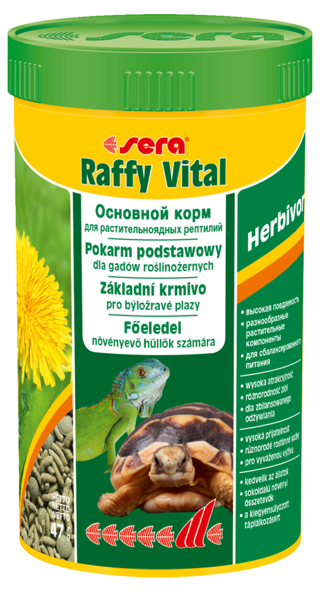 Корм для рептилий Sera Raffy Vital, 250 мл (47 г)1832 Корм для рептилий Sera Raffy Vital, 250 мл (47 г)1832Корм для рептилий Sera Raffy Vital - это смешанный корм для сухопутных черепах и других растительноядных рептилий. Вкусная и богатая балластным веществом смесь из кормовых палочек и травяных таблеток оптимально удовлетворяет потребностям животных. Тщательно сбалансированное содержание витаминов и минералов укрепляет устойчивость к болезням и способствует здоровому росту костей и панциря. Инструкция по применению: Кормить экономно, ежедневно. Корм может подаваться в промежутках между кормлениями в сухом виде или увлажненный водой, а также его можно смешивать со свежим кормом (например, салат ромэн, одуванчик, крапива). Ингредиенты: кукурузный крахмал, пшеничная мука, растительное сырье, люцерна, рыбная мука, пшеничная клейковина, морские водоросли, крапива, пивные дрожжи, морковь, петрушка, спирулина, паприка, цельный яичный порошок, гаммарус, рыбий жир, сахар, шпинат, зеленые мидии, чеснок. Аналитический состав: протеин 18,1%, жиры 3,4%, клетчатка...