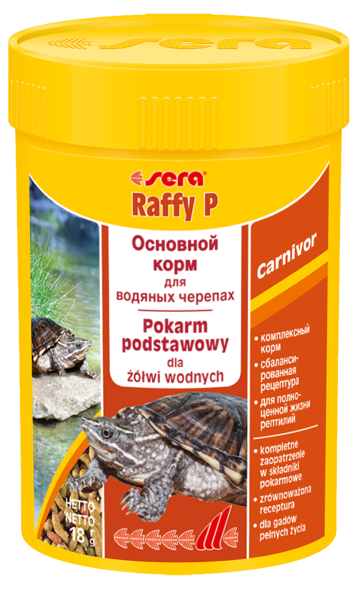 Корм для рептилий Sera Raffy P, 100 мл (18 г)1840 Корм для рептилий Sera Raffy P, 100 мл (18 г)1840Корм для рептилий Sera Raffy P - комплексный корм для водных черепах, ящериц и других плотоядных рептилий. Сбалансированный состав с оптимальным содержанием легко усваиваемых белков и углеводов, а также высококачественных жиров способствует здоровому развитию животных. Эти вкусные палочки содержат все необходимые ингредиенты, а также дополнительное количество кальция. Инструкция по применению: Кормить экономно. Смешать со свежим кормом в соответствии с потребностями животных. Ингредиенты: кукурузный крахмал, пшеничная клейковина, рыбная мука, пшеничная мука, пивные дрожжи, цельный яичный порошок, рыбий жир, гаммарус, зеленые мидии, люцерна, растительное сырье, крапива, петрушка, морские водоросли, паприка, спирулина, шпинат, морковь, чеснок. Аналитический состав: протеин 41,0%, жиры 5,4%, клетчатка 4,5%, влажность 4,0%, зольные вещества 5,4%, кальций 1,0%, фосфор 0,6%. Витамины (на 1 кг): А 30000 МЕ, D3 15000...