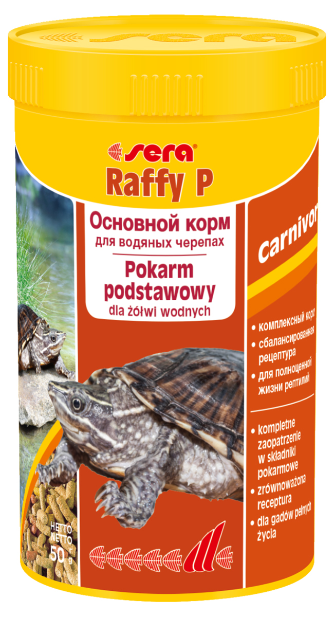 Корм для рептилий Sera Raffy P, 250 мл (50 г)1850 Корм для рептилий Sera Raffy P, 250 мл (50 г)1850Корм для рептилий Sera Raffy P - комплексный корм для водных черепах, ящериц и других плотоядных рептилий. Сбалансированный состав с оптимальным содержанием легко усваиваемых белков и углеводов, а также высококачественных жиров способствует здоровому развитию животных. Эти вкусные палочки содержат все необходимые ингредиенты, а также дополнительное количество кальция. Инструкция по применению: Кормить экономно. Смешать со свежим кормом в соответствии с потребностями животных. Ингредиенты: кукурузный крахмал, пшеничная клейковина, рыбная мука, пшеничная мука, пивные дрожжи, цельный яичный порошок, рыбий жир, гаммарус, зеленые мидии, люцерна, растительное сырье, крапива, петрушка, морские водоросли, паприка, спирулина, шпинат, морковь, чеснок. Аналитический состав: протеин 41,0%, жиры 5,4%, клетчатка 4,5%, влажность 4,0%, зольные вещества 5,4%, кальций 1,0%, фосфор 0,6%. Витамины (на 1 кг): А 30000 МЕ, D3 15000 МЕ, Е 60 мг, В1 30 мг, В2 90...