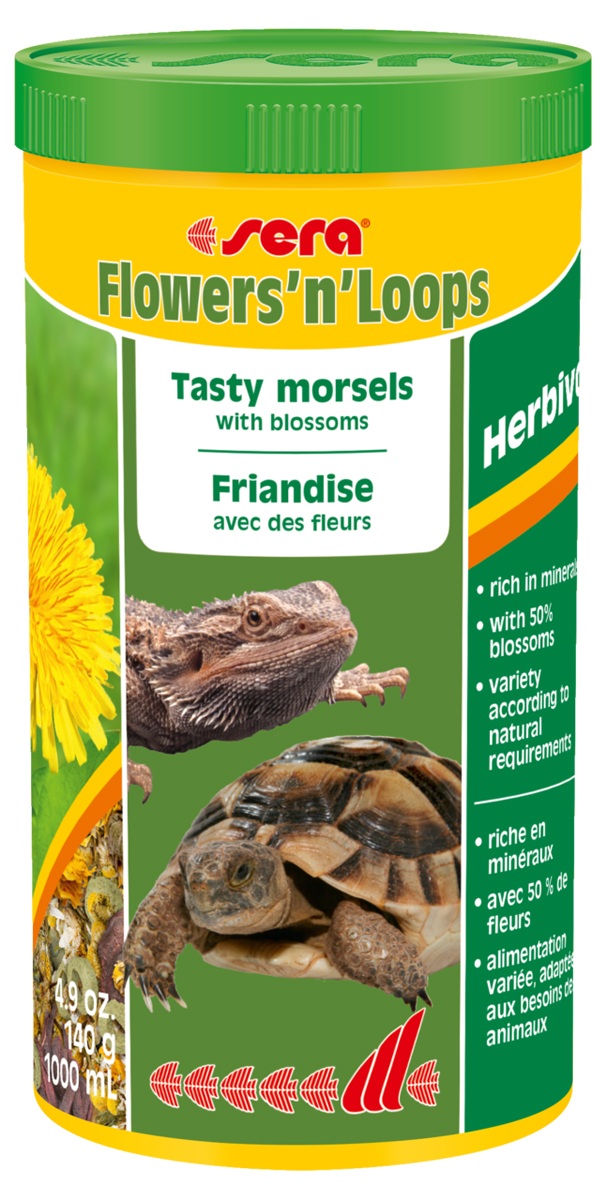 Корм для рептилий Sera FlowersnLoops, 1 л (140 г)1900 Корм для рептилий Sera FlowersnLoops, 1 л (140 г)1900Корм для рептилий Sera FlowersnLoops - деликатесный корм, состоящий из смеси высушенных цветов (50%) и колечек, произведенных путем бережной обработки сырья. Предназначен для сухопутных черепах и всех других видов растительноядных рептилий. Цветы, благодаря их аромату и цвету, а также высоким питательным качествам, соответствуют естественным пищевым привычкам животных. Пищевые потребности животных полностью удовлетворяются, поскольку в состав смеси входят колечки, богатые ценными питательными веществами, витаминами и минералами. Регулярное добавление в рацион питания этого привлекательного для рептилий деликатесного корма способствует полноценному развитию рептилий, их устойчивости к заболеваниям и жизнестойкости. Ингредиенты: соцветия 50% (гибискус, календула, ромашка), кукурузный крахмал, пшеничная мука, рыбная мука, пшеничная клейковина, пивные дрожжи, травы, люцерна, крапива, петрушка, спирулина, гаммарус, рыбий жир, морские водоросли, паприка, шпинат, морковь,...