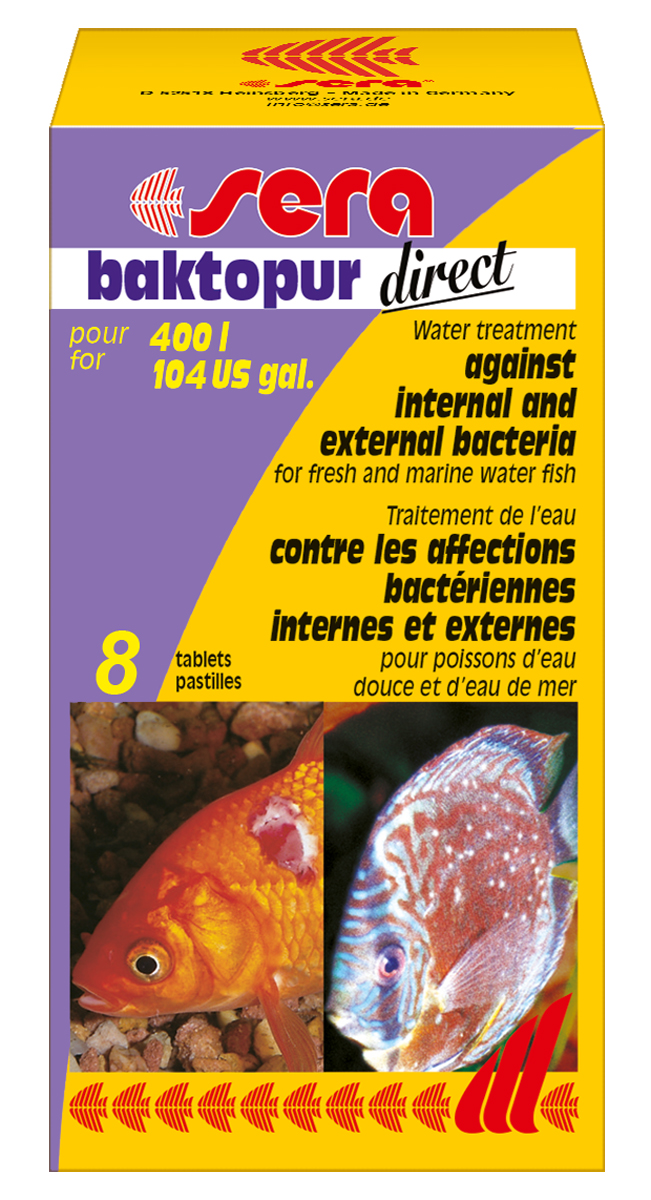 Средство для воды Sera Baktopur Direct, 8 таблеток2588 Средство для воды Sera Baktopur Direct, 8 таблеток2588Средство для воды Sera Baktopur Direct помогает быстро и надежно избавиться от серьезных бактериальных заболеваний, вызывающих брюшную водянку, пучеглазие или кровоточащие воспаления (язвы) у пресноводных и морских рыб.