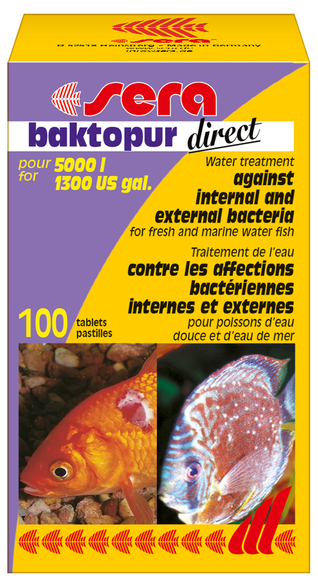 Средство для воды Sera Baktopur Direct, 100 таблеток2595 Средство для воды Sera Baktopur Direct, 100 таблеток2595SERA бактопур директ помогает быстро и надежно избавиться от серьезных бактериальных заболеваний, вызывающих брюшную водянку, пучеглазие или кровоточащие воспаления (язвы) у пресноводных и морских рыб.
