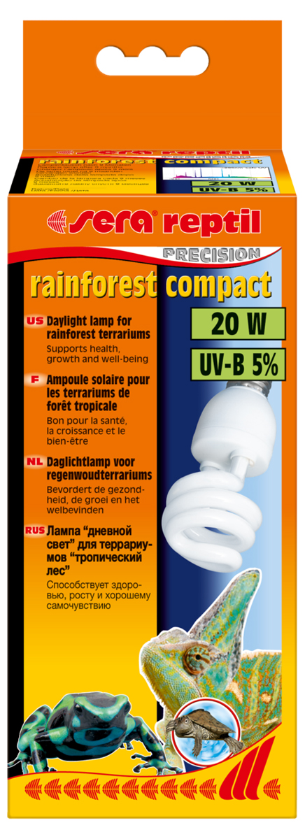 Лампа аквариумная Sera Reptil Rainforest Compact UV-B, 5%, 20W32020 Лампа аквариумная Sera Reptil Rainforest Compact UV-B, 5%, 20W32020Освещение для террариумов с обитателями тропических лесов. 5% UV-B. Средняя интенсивность UV-B излучения. Идеально сочетается с лампой Sera reptil daylight compact 2% UV-B.
