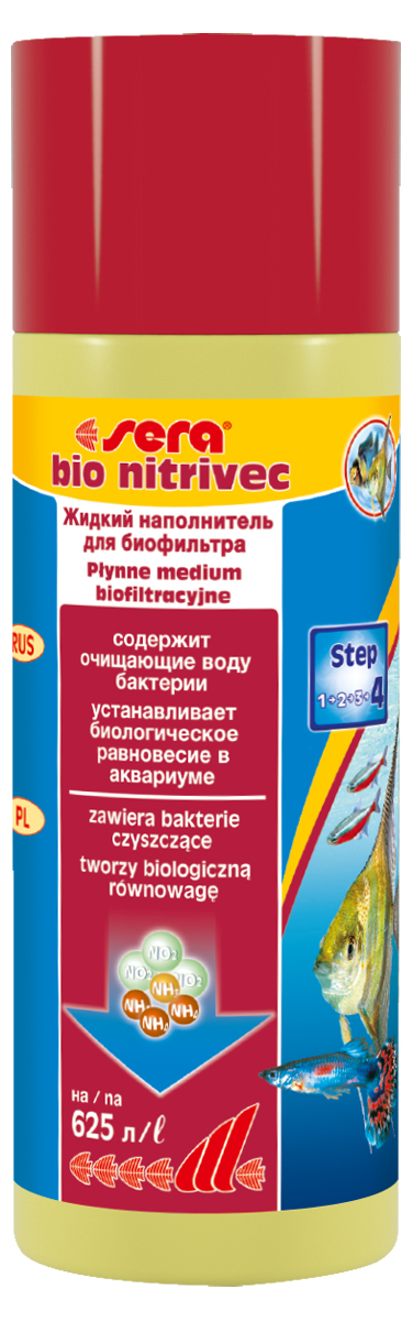 Средство для воды Sera Bio Nitrivec, 250 мл3750 Средство для воды Sera Bio Nitrivec, 250 мл3750Средство Sera Bio Nitrivec содержит культуры нитрифицирующих бактерий вместе с мелкоизмельченной вулканической породой, в которой они и живут. Поэтому площадь для их расселения уже имеется в самом средстве, что позволяет немедленно приступить к очищению воды в аквариуме. Многочисленные поры вулканической породы насыщены ионами кальция, магния, калия и других минералов, положительно воздействующих на качество воды. Если в воде присутствует аммоний, происходит немедленная замена: ионы из вулканической породы поступают в воду, где они принимаются живыми организмами, а аммоний оседает в освободившихся порах. Очищающие бактерии из Sera Bio Nitrivec перерабатывают его сначала в нитриты, а затем в нитраты, которые, в свою очередь, поглощаются растениями. Постепенно вулканическая пыль с живущими на ней бактериями оседает на дно, превращая весь донный материал в огромный биологический фильтр.