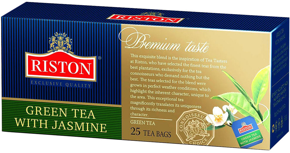 Riston Зеленый чай с лепестками жасмина в пакетиках, 25 шт4792156001838 Riston Зеленый чай с лепестками жасмина в пакетиках, 25 шт4792156001838Зеленый чай Riston с добавлением лепестков жасмина. Ярко выраженный золотистый настой напитка с особым утонченным вкусом и восхитительным цветочным ароматом жасмина дарит ощущение свежести и бодрости в течение всего дня.