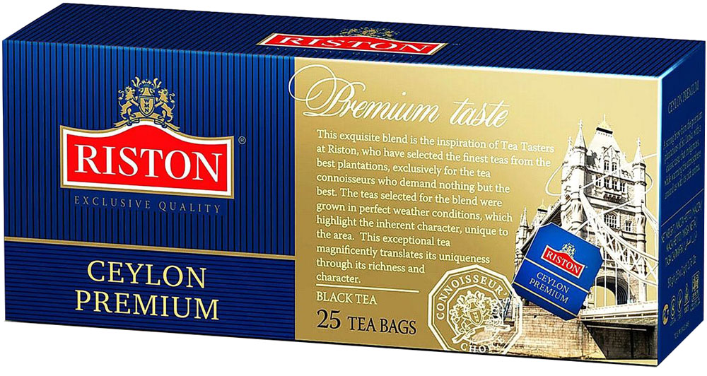 Riston Цейлонский Премиальный черный чай в пакетиках, 25 шт4792156000725 Riston Цейлонский Премиальный черный чай в пакетиках, 25 шт4792156000725Riston Цейлонский Премиальный - эксклюзивный сорт черного чая высшей категории, в состав которого входят только верхние листочки, собранные на элитных плантациях Шри-Ланки. Этот крепкий настой с мягким, деликатным вкусом и насыщенным ароматом создает отличный настрой на весь день.