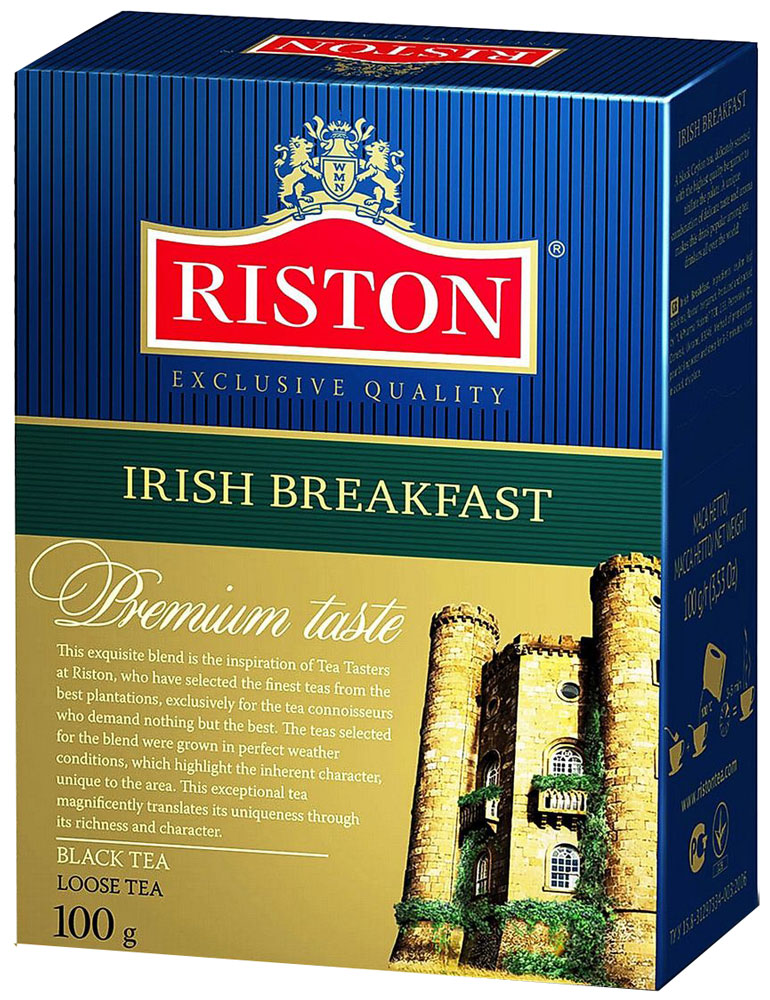 Riston Ирландский Завтрак черный листовой чай, 100 г4792156002095 Riston Ирландский Завтрак черный листовой чай, 100 г4792156002095Изумительный цейлонский черный чай Riston Ирландский Завтрак, деликатно ароматизированный бергамотом, приятно возбуждает аппетит. Неповторимое сочетание изысканного вкуса и тонкого аромата делает этот напиток особенно популярным среди любителей чая во всем мире.