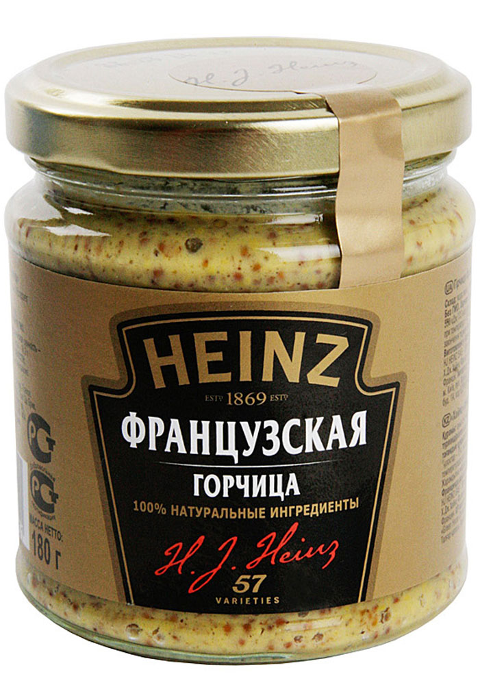 Heinz горчица Французская, 180 г75980273 Heinz горчица Французская, 180 г75980273Деликатесная горчица Heinz с дроблеными зернами приготовлена по традиционному французскому рецепту. Отличается мягким вкусом с острыми нотками. Придаст любому блюду из мяса и птицы особую пикантность.