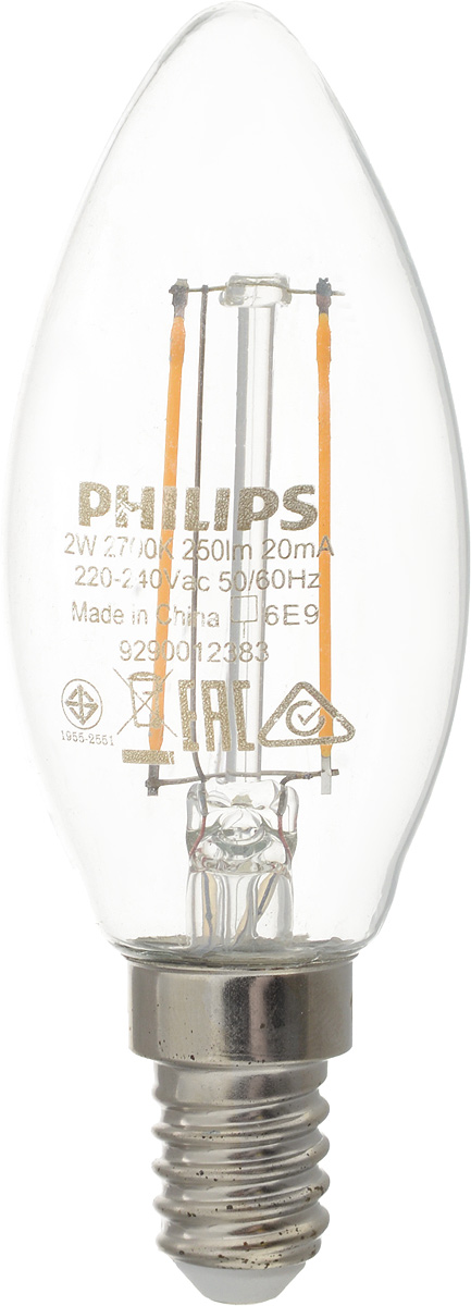 Лампа светодиодная Philips LED candle, цоколь E14, 2W, 2700KЛампа LEDClassic 2-25W B35 E14 WW CL APR Лампа светодиодная Philips LED candle, цоколь E14, 2W, 2700KЛампа LEDClassic 2-25W B35 E14 WW CL APRСовременные светодиодные лампы LED candle экономичны, имеют долгий срок службы и мгновенно загораются, заполняя комнату светом. Лампа классической формы и высокой яркости позволяет создать уютную и приятную обстановку в любой комнате вашего дома. Светодиодные лампы потребляют на 92 % меньше электроэнергии, чем обычные лампы накаливания, излучая при этом привычный и приятный теплый свет. Срок службы светодиодной лампы LED candle составляет до 15 000 часов, что соответствует общему сроку службы пятнадцати ламп накаливания. Благодаря чему менять лампы приходится значительно реже, что сокращает количество отходов. Напряжение: 220-240 В. Световой поток: 250 lm. Эквивалент мощности в ваттах: 25 Вт.