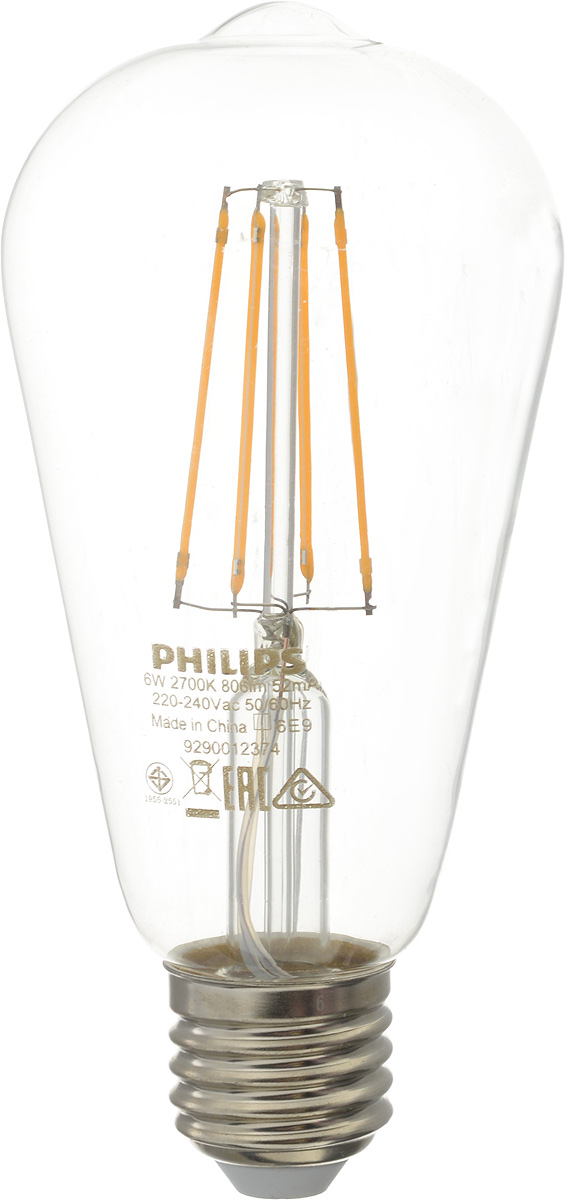 Лампа светодиодная Philips LED bulb, цоколь E27, 6W, 2700KЛампа LEDClassic6-70W ST64 E27 WW CL APR Лампа светодиодная Philips LED bulb, цоколь E27, 6W, 2700KЛампа LEDClassic6-70W ST64 E27 WW CL APRСовременные светодиодные лампы LED bulb экономичны, имеют долгий срок службы и мгновенно загораются, заполняя комнату светом. Лампа оригинальной формы и высокой яркости позволяет создать уютную и приятную обстановку в любой комнате вашего дома. Светодиодные лампы потребляют на 91% меньше электроэнергии, чем обычные лампы накаливания, излучая при этом привычный и приятный теплый свет. Срок службы светодиодной лампы LED bulb составляет до 15 000 часов, что соответствует общему сроку службы пятнадцати ламп накаливания. Благодаря чему менять лампы приходится значительно реже, что сокращает количество отходов. Напряжение: 220-240 В. Световой поток: 806 lm. Эквивалент мощности в ваттах: 70 Вт.
