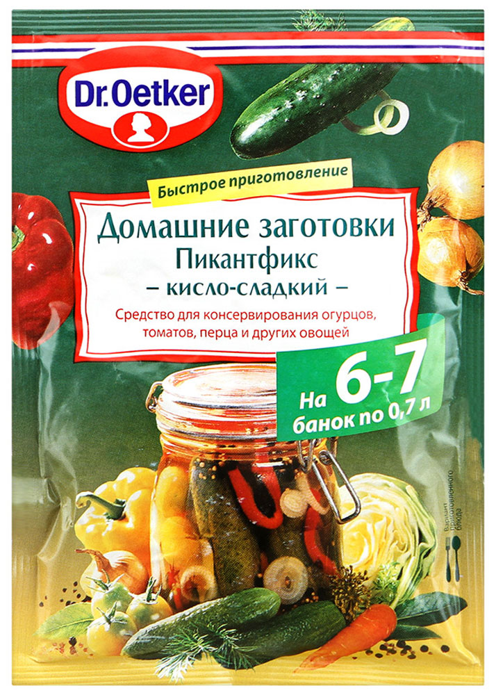 Dr.Oetker Приправа для консервирования Домашние заготовки. Пикантфикс кисло-сладкий, 100 г1-66-100212 Dr.Oetker Приправа для консервирования Домашние заготовки. Пикантфикс кисло-сладкий, 100 г1-66-100212Сухая приправа для консервирования Dr.Oetker - великолепное средство для быстрого и легкого консервирования любых овощей: процесс консервирования занимает всего несколько минут, а в упаковке уже содержатся все необходимые специи и пряности в нужной пропорции! Уважаемые клиенты! Обращаем ваше внимание, что полный перечень состава продукта представлен на дополнительном изображении.