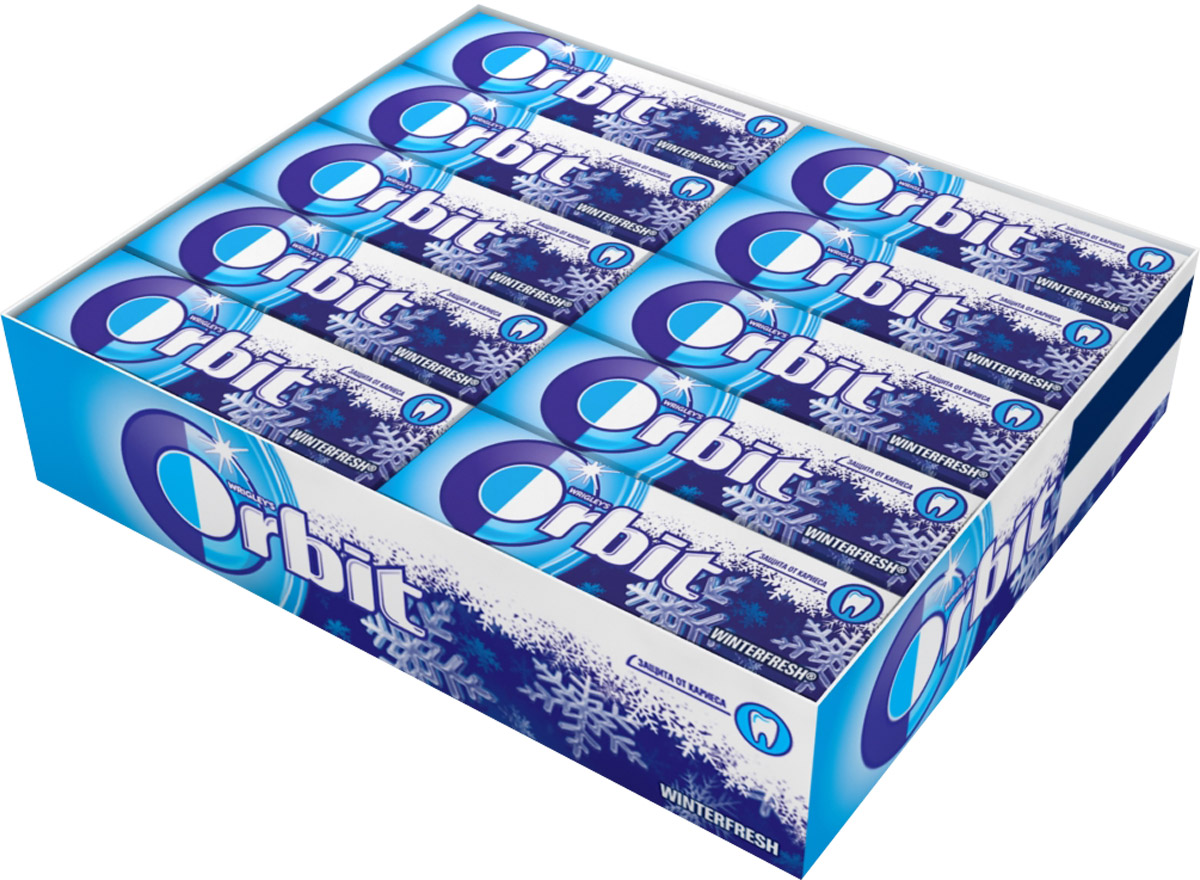 Orbit Winterfresh жевательная резинка без сахара, 30 пачек по 13,6 г4009900021685 Orbit Winterfresh жевательная резинка без сахара, 30 пачек по 13,6 г4009900021685Жевательная резинка Orbit без сахара способствует поддержанию здоровья зубов: удаляет остатки пищи, способствует уменьшению зубного налета, нейтрализует вредные кислоты, усиливает процесс реминерализации эмали. Употребление жевательной резинки каждый раз после еды способствует поддержанию чистоты и здоровья зубов в дополнение к уходу за ротовой полостью с помощью зубной щетки.
