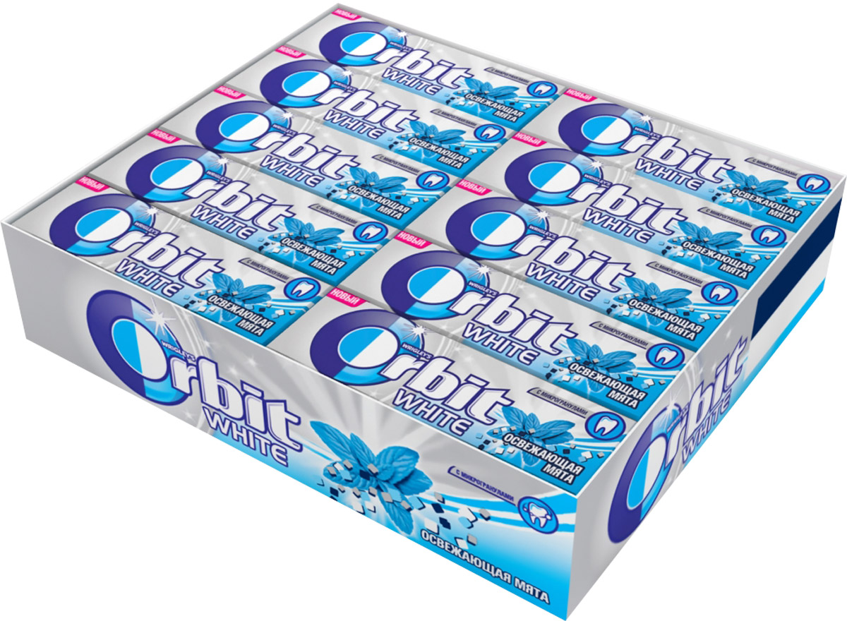 Orbit White Освежающая мята жевательная резинка без сахара, 30 пачек по 13,6 г4009900367356 Orbit White Освежающая мята жевательная резинка без сахара, 30 пачек по 13,6 г4009900367356Жевательная резинка Orbit Белоснежный Освежающая мята без сахара способствует поддержанию здоровья зубов: удаляет остатки пищи, способствует уменьшению зубного налета, нейтрализует вредные кислоты, усиливает процесс реминерализации эмали. Употребление жевательной резинки каждый раз после еды способствует поддержанию чистоты и здоровья зубов в дополнение к уходу за ротовой полостью с помощью зубной щетки.