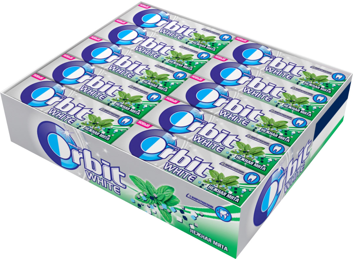 Orbit White Нежная мята жевательная резинка без сахара, 30 пачек по 13,6 г4009900395977 Orbit White Нежная мята жевательная резинка без сахара, 30 пачек по 13,6 г4009900395977Жевательная резинка Orbit White Нежная мята без сахара способствует поддержанию здоровья зубов: удаляет остатки пищи, способствует уменьшению зубного налета, нейтрализует вредные кислоты, усиливает процесс реминерализации эмали. Употребление жевательной резинки каждый раз после еды способствует поддержанию чистоты и здоровья зубов в дополнение к уходу за ротовой полостью с помощью зубной щетки. Уважаемые клиенты! Обращаем ваше внимание, что полный перечень состава продукта представлен на дополнительном изображении.