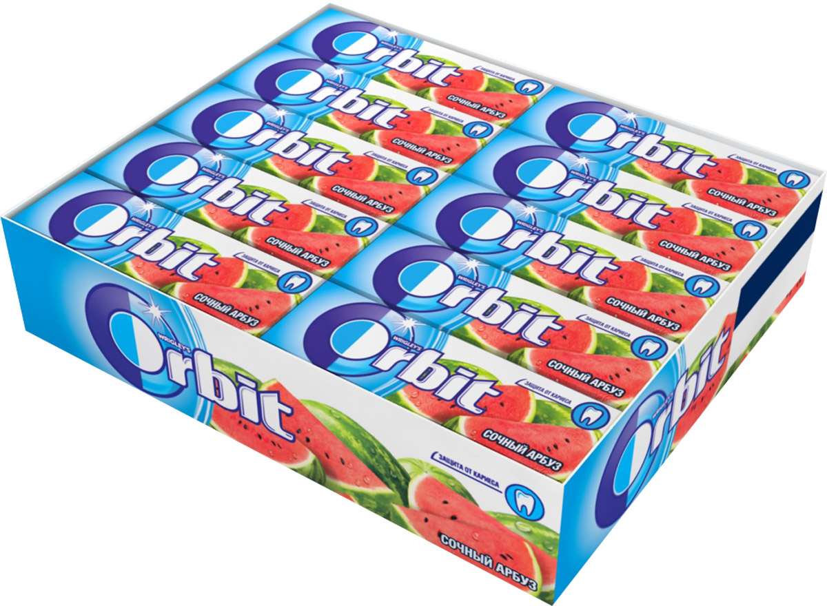 Orbit Сочный арбуз жевательная резинка без сахара, 30 пачек по 13,6 г4009900397605 Orbit Сочный арбуз жевательная резинка без сахара, 30 пачек по 13,6 г4009900397605Жевательная резинка Orbit Сочный арбуз без сахара способствует поддержанию здоровья зубов: удаляет остатки пищи, способствует уменьшению зубного налета, нейтрализует вредные кислоты, усиливает процесс реминерализации эмали. Употребление жевательной резинки каждый раз после еды способствует поддержанию чистоты и здоровья зубов в дополнение к уходу за ротовой полостью с помощью зубной щетки. Уважаемые клиенты! Обращаем ваше внимание, что полный перечень состава продукта представлен на дополнительном изображении.