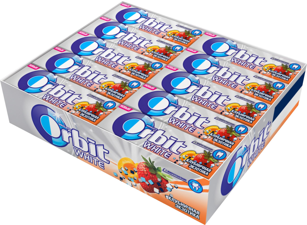 Orbit White Клубничная экзотика жевательная резинка без сахара, 30 пачек по 13,6 г4009900456852 Orbit White Клубничная экзотика жевательная резинка без сахара, 30 пачек по 13,6 г4009900456852Жевательная резинка Orbit White Клубничная экзотика без сахара способствует поддержанию здоровья зубов: удаляет остатки пищи, способствует уменьшению зубного налета, нейтрализует вредные кислоты, усиливает процесс реминерализации эмали. Употребление жевательной резинки каждый раз после еды способствует поддержанию чистоты и здоровья зубов в дополнение к уходу за ротовой полостью с помощью зубной щетки. Уважаемые клиенты! Обращаем ваше внимание, что полный перечень состава продукта представлен на дополнительном изображении.