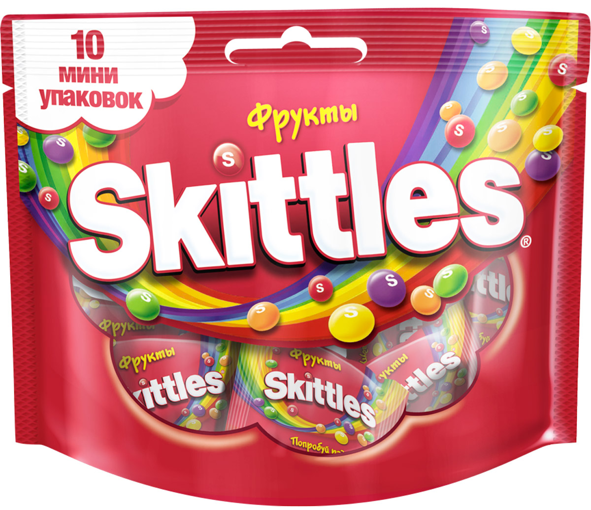 Skittles Фрукты драже в сахарной глазури, 10 пачек по 12 г4009900498135 Skittles Фрукты драже в сахарной глазури, 10 пачек по 12 г4009900498135Жевательные конфеты Skittles c разноцветной глазурью предлагают радугу фруктовых вкусов в каждой упаковке! Конфеты с ароматами лимона, лайма, апельсина, клубники и черной смородины: заразитесь радугой, попробуйте радугу!